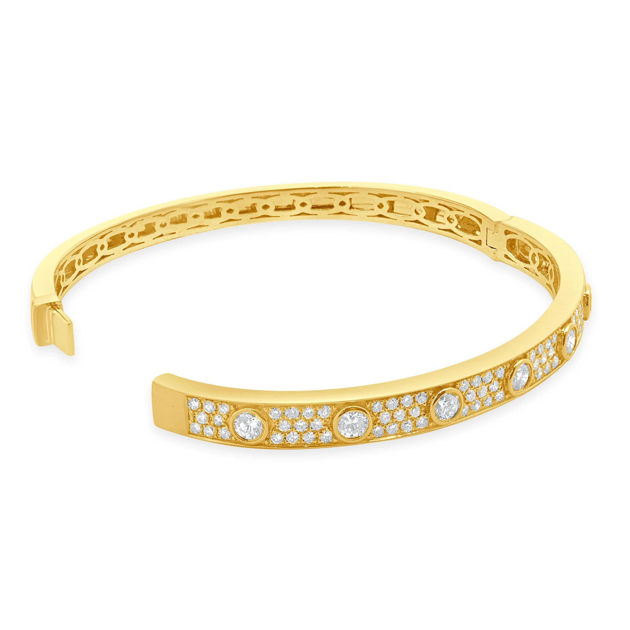 18k Yellow Gold Pave Diamond Bangle Bracelet with Bezel Set Diamond Stations - Image 3