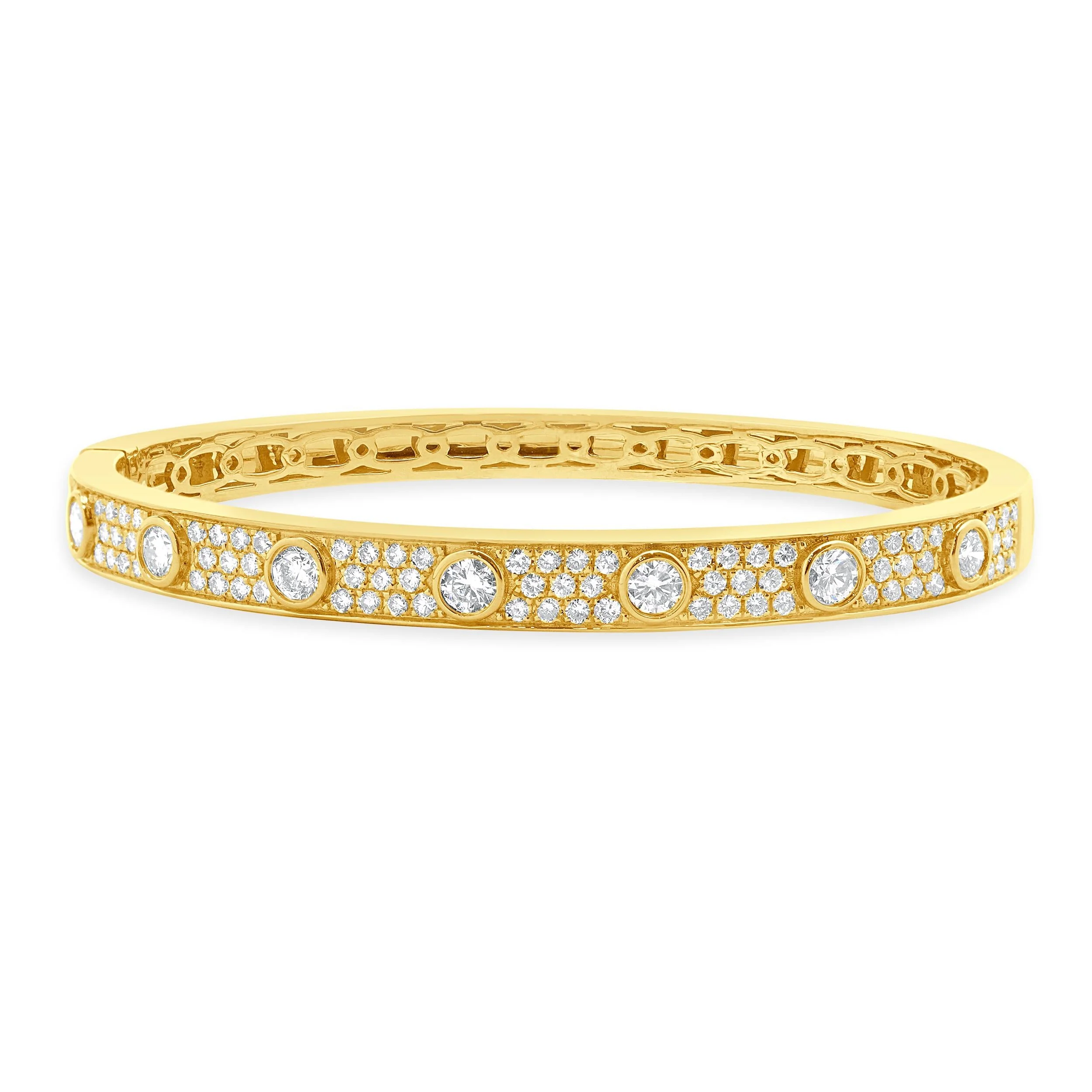 18k Yellow Gold Pave Diamond Bangle Bracelet with Bezel Set Diamond Stations - Image 4