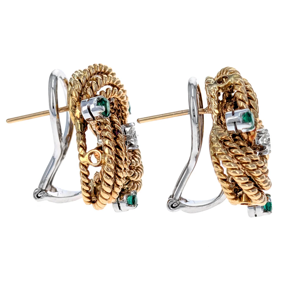 18K Yellow & White Gold Diamond & Emerald Love Knot Earrings - Image 2