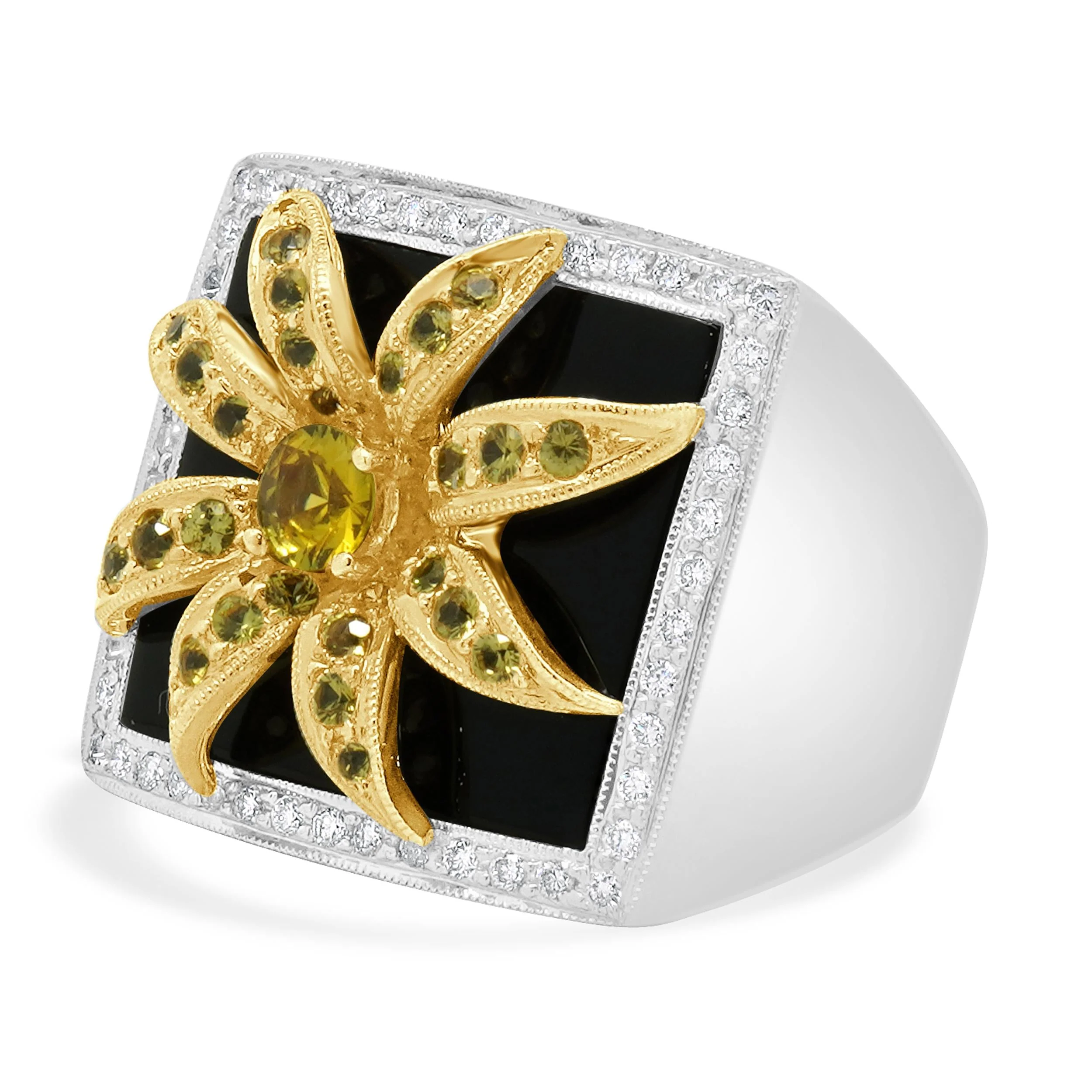 18K Yellow, White, Gold Yellow Sapphire, Diamond and Onyx Flower Ring - Image 2