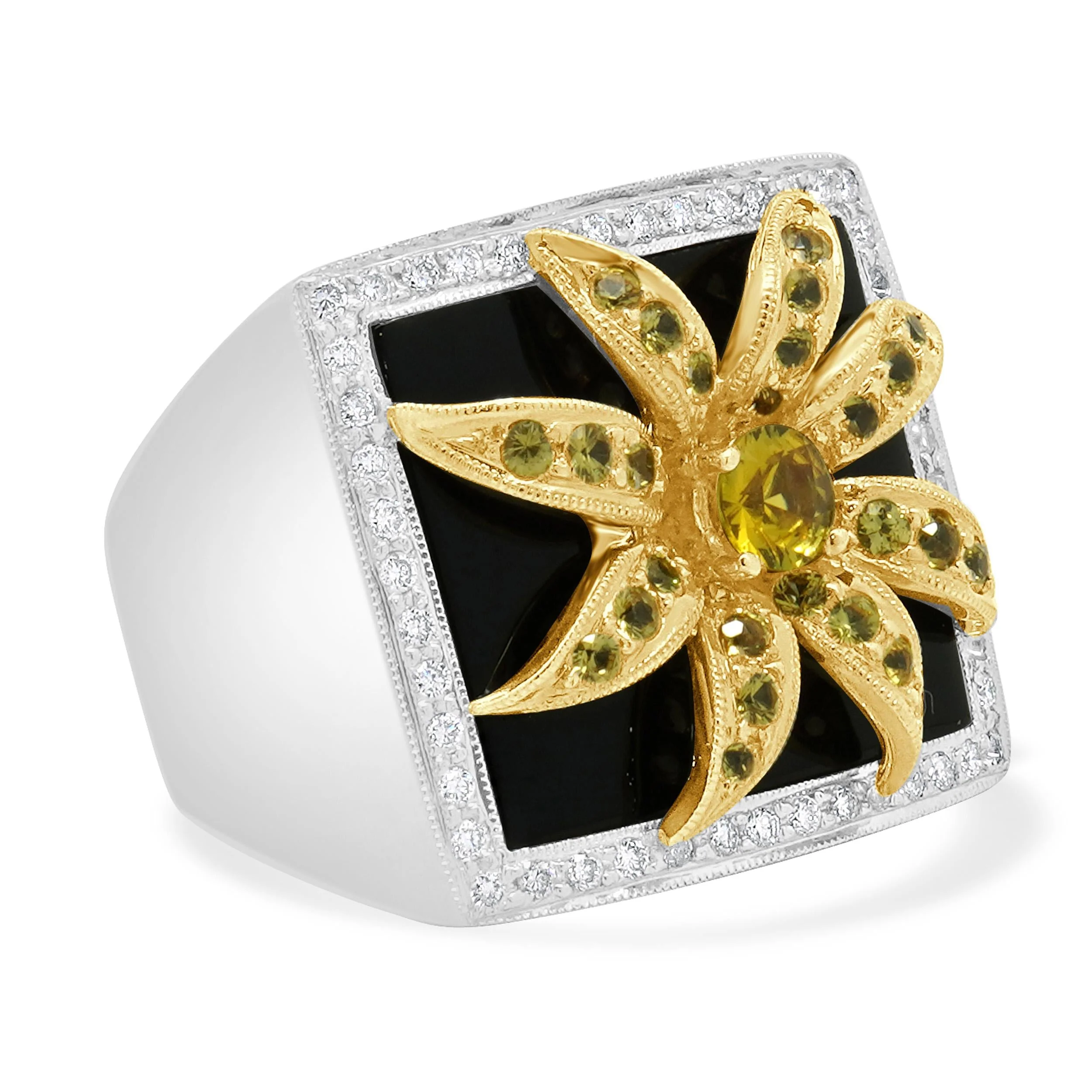 18K Yellow, White, Gold Yellow Sapphire, Diamond and Onyx Flower Ring - Image 3