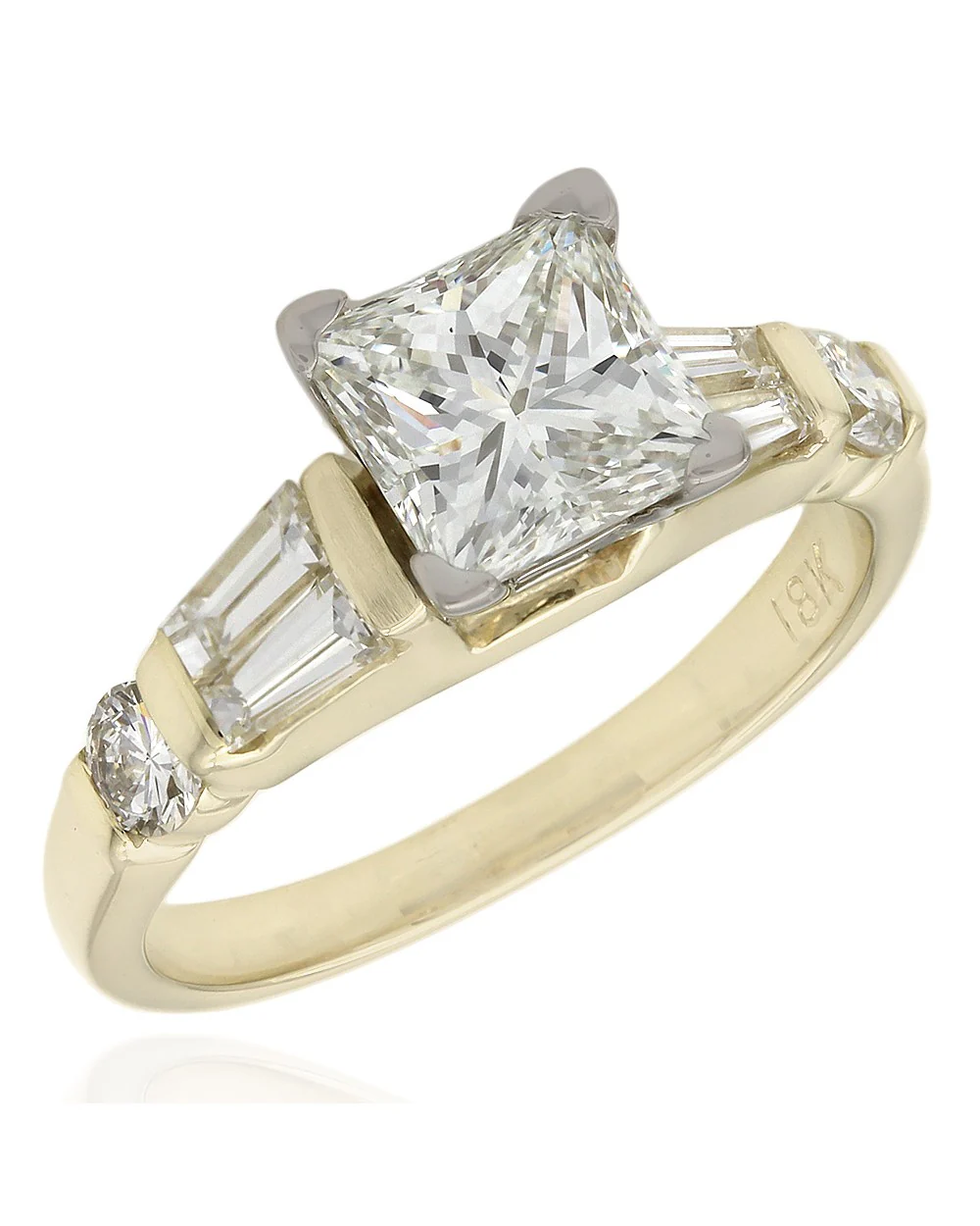 18ky Channel Set Round and Baguette Ring with 1.53ct Princess Center