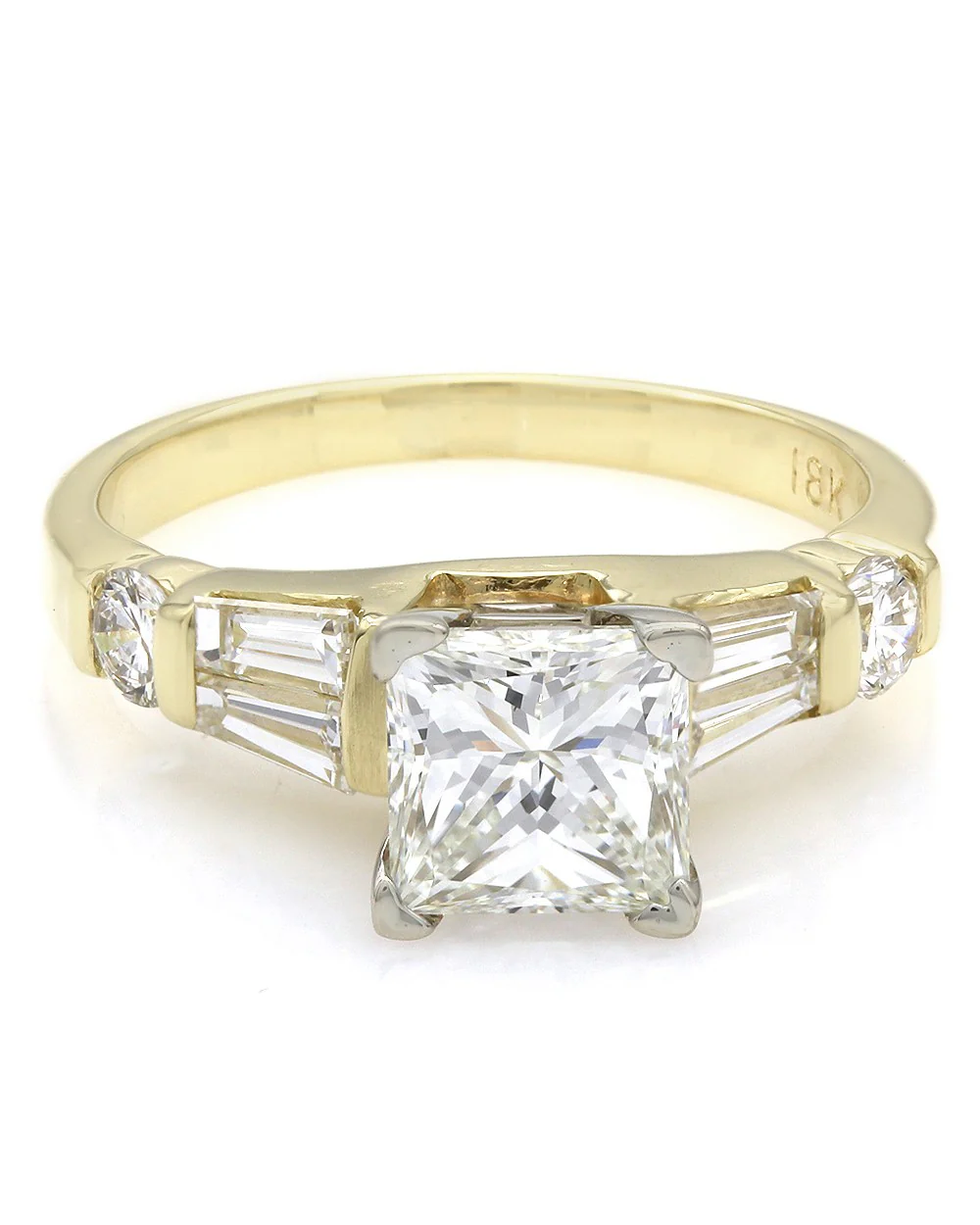 18ky Channel Set Round and Baguette Ring with 1.53ct Princess Center - Image 2