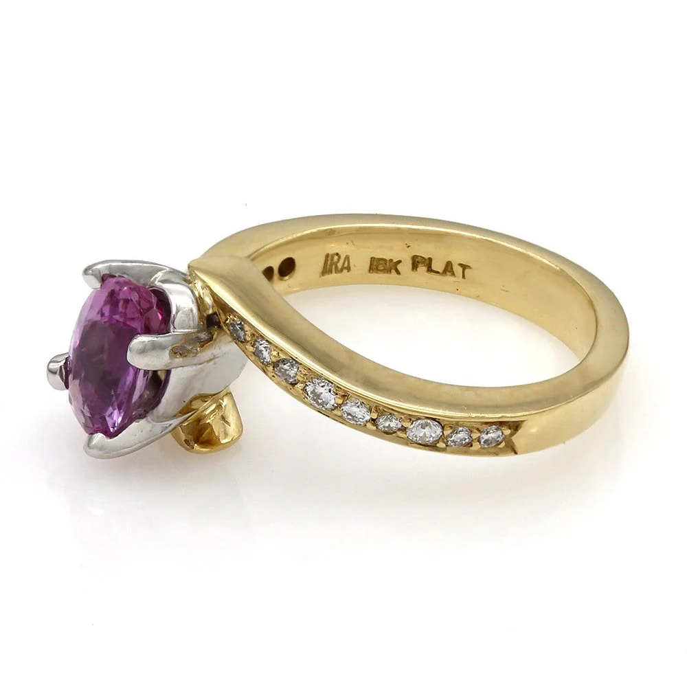 18K Two-Tone Yellow Gold & Platinum Pink Sapphire & Diamond Bypass Ring - Image 3