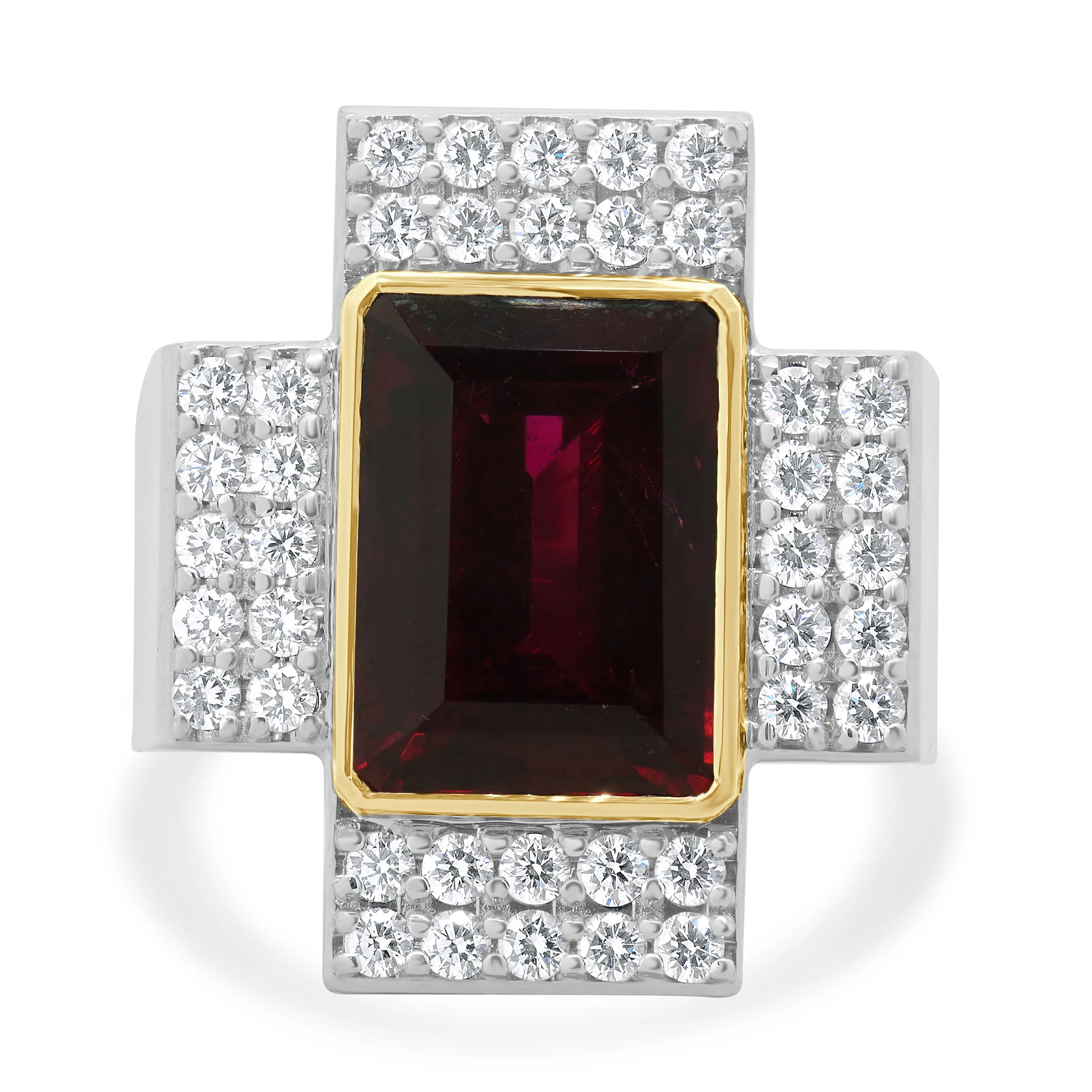 19 Karat White & Yellow Gold Rubellite Tourmaline and Diamond Cross Ring