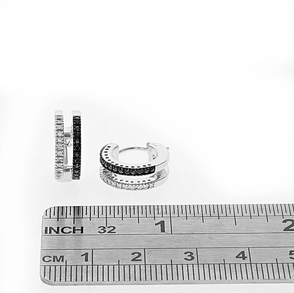 2 Row Black and White Diamond Huggie Earrings in White Gold - Image 3