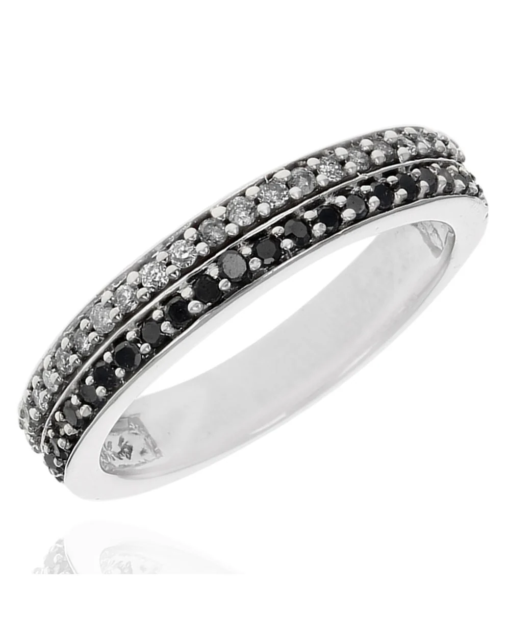 2 Row Black and White Diamond Ring in White Gold