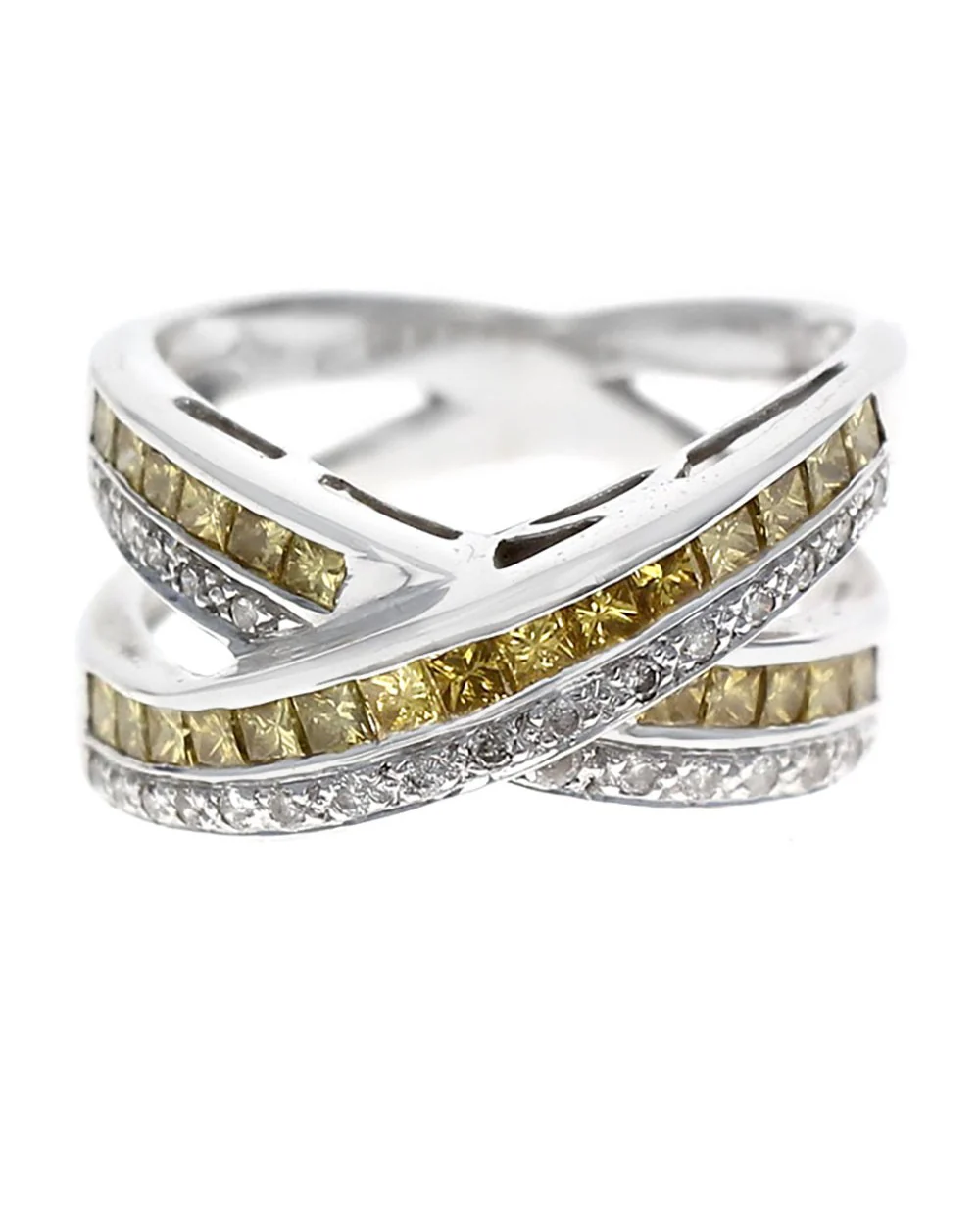 2 Row Mixed Cut Yellow & White Diamond X Crossover Ring in White Gold - Image 2