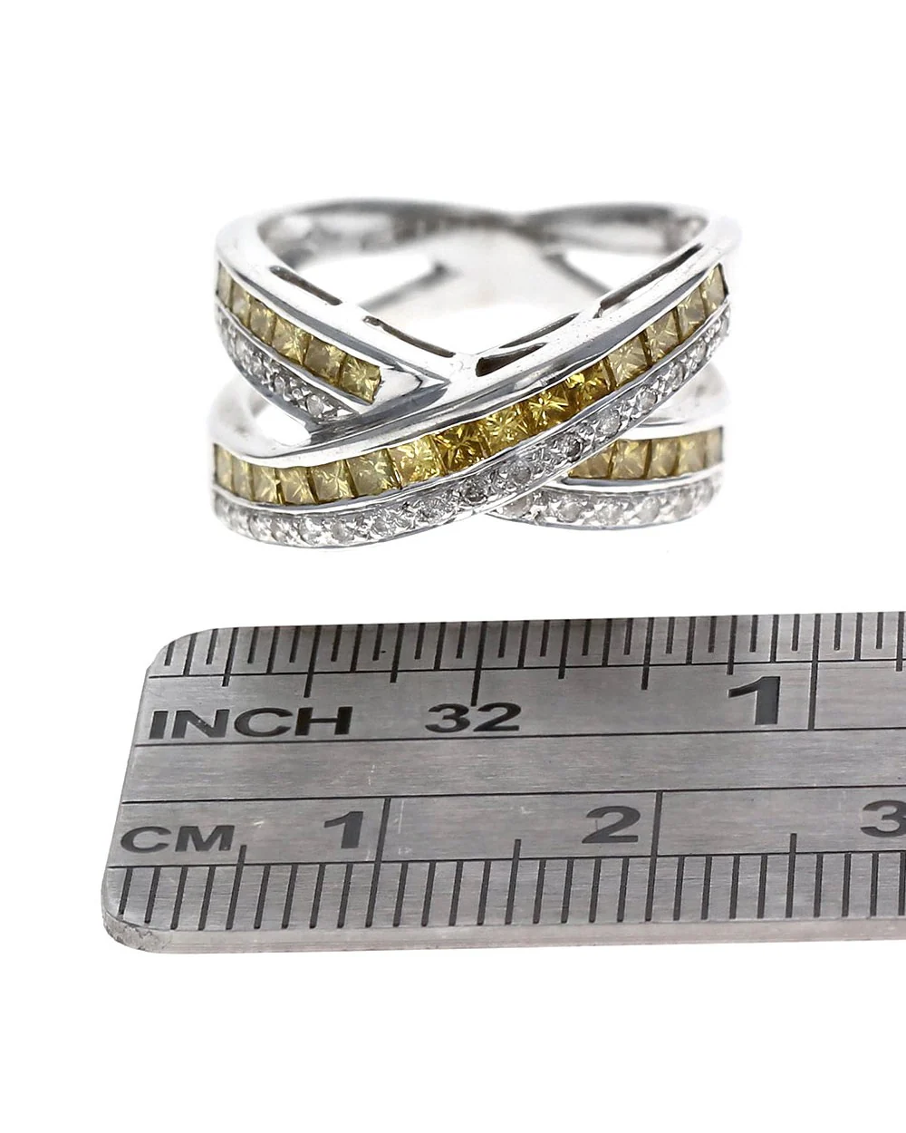 2 Row Mixed Cut Yellow & White Diamond X Crossover Ring in White Gold - Image 3