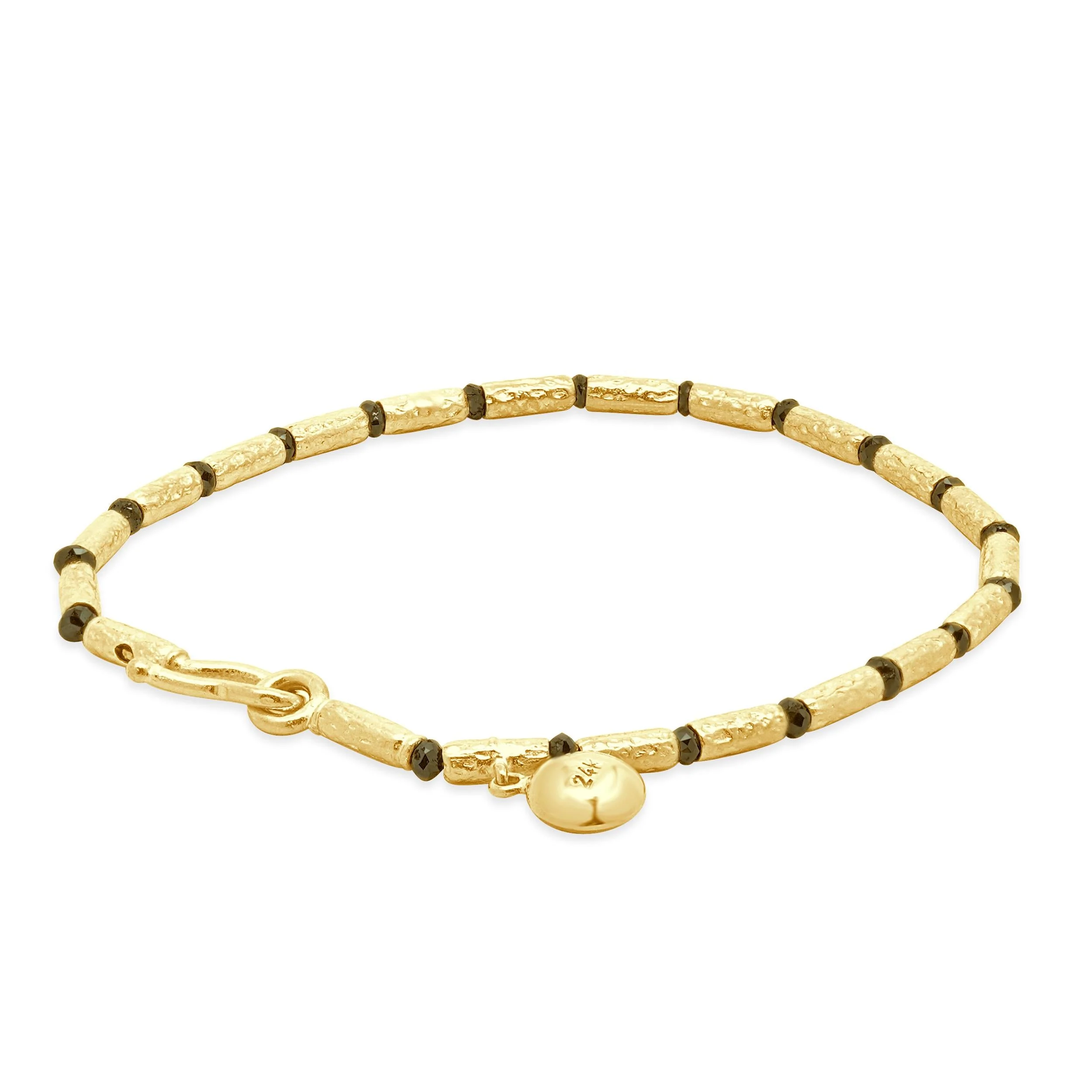 24 Karat Yellow Gold Black Diamond Beaded Station Bracelet - Image 2