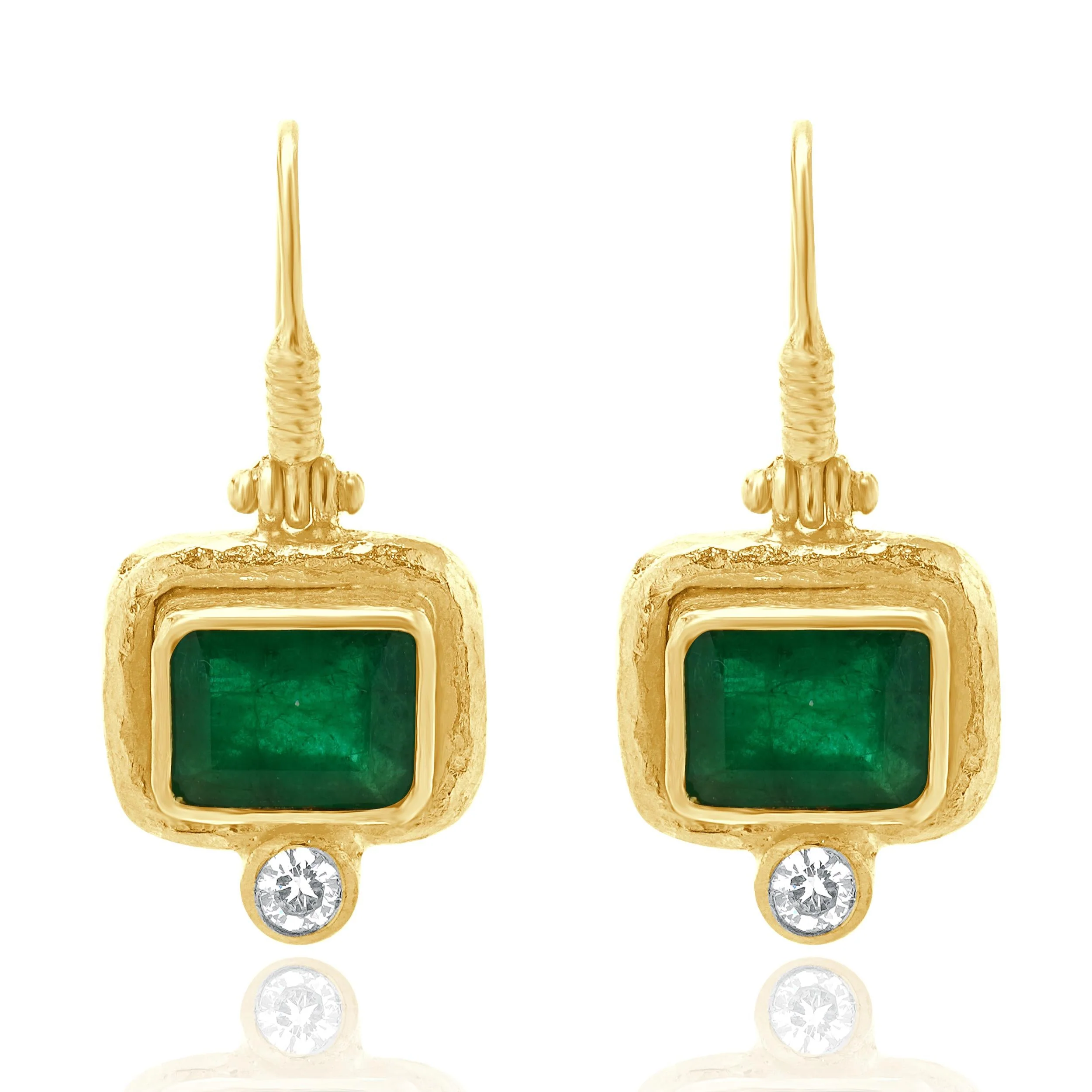 24 Karat Yellow Gold Emerald and Diamond Drop Earrings