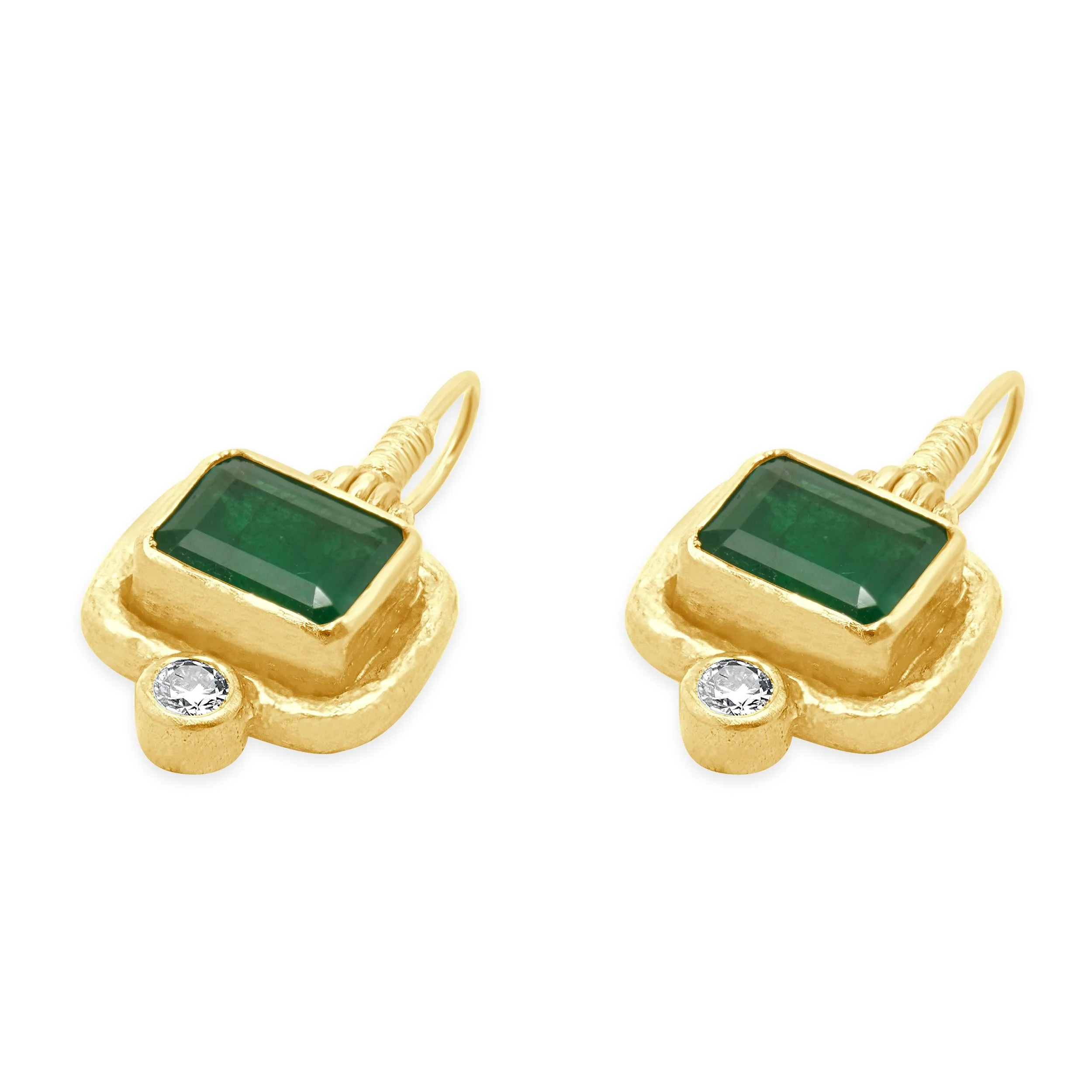24 Karat Yellow Gold Emerald and Diamond Drop Earrings - Image 2