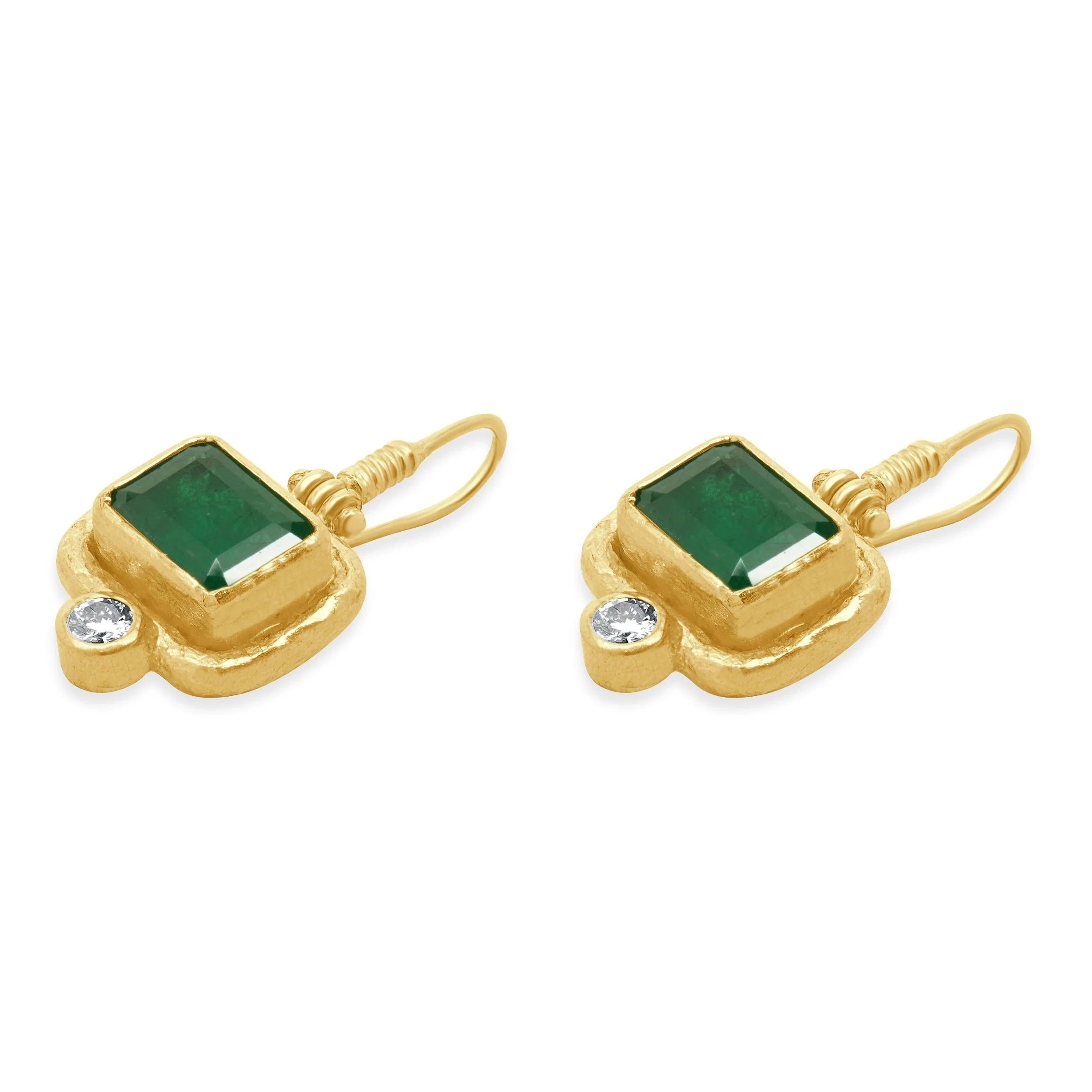 24 Karat Yellow Gold Emerald and Diamond Drop Earrings - Image 3