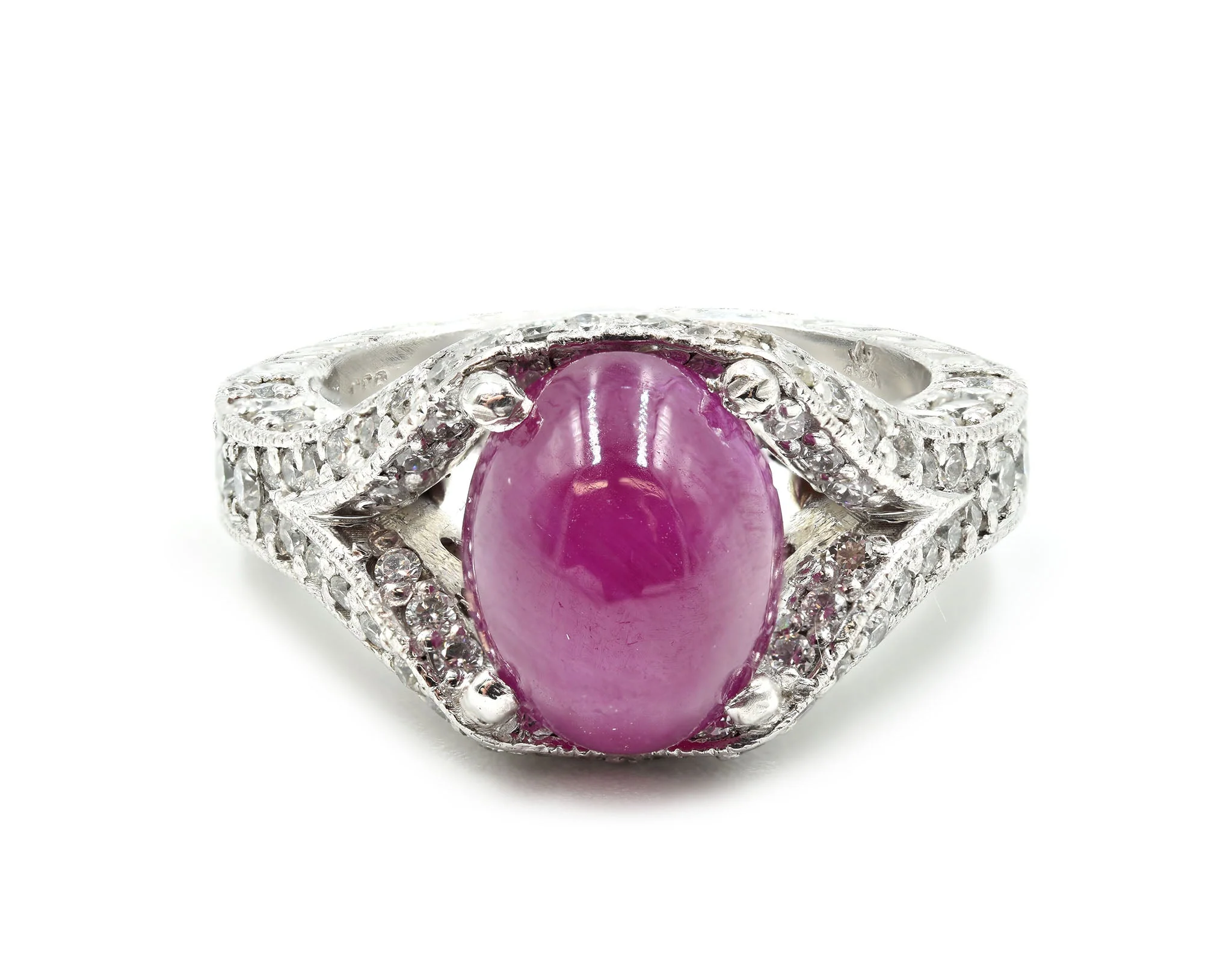 3.00 Carat Cabochon Ruby and Pave Set Diamond Platinum Ring