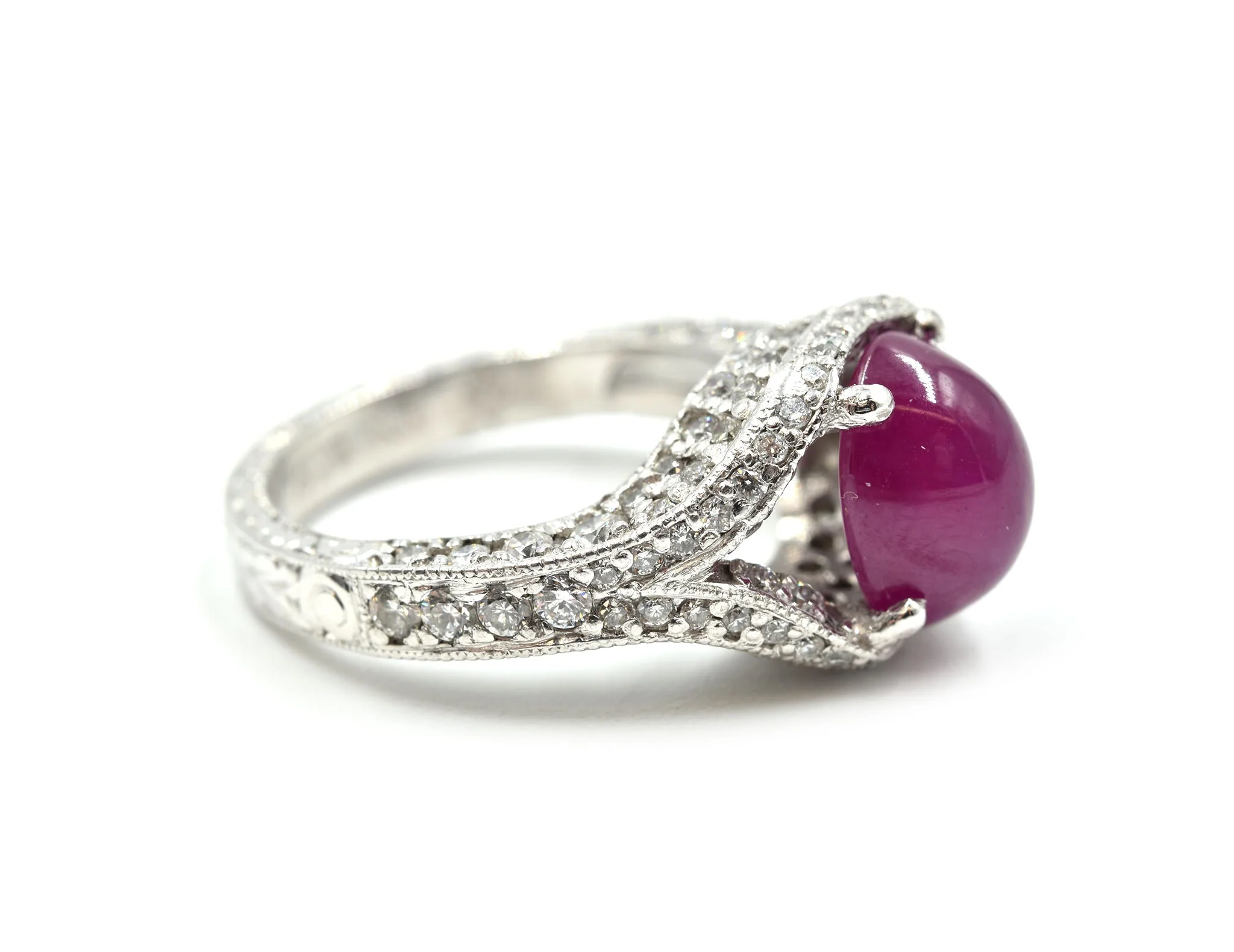 3.00 Carat Cabochon Ruby and Pave Set Diamond Platinum Ring - Image 2