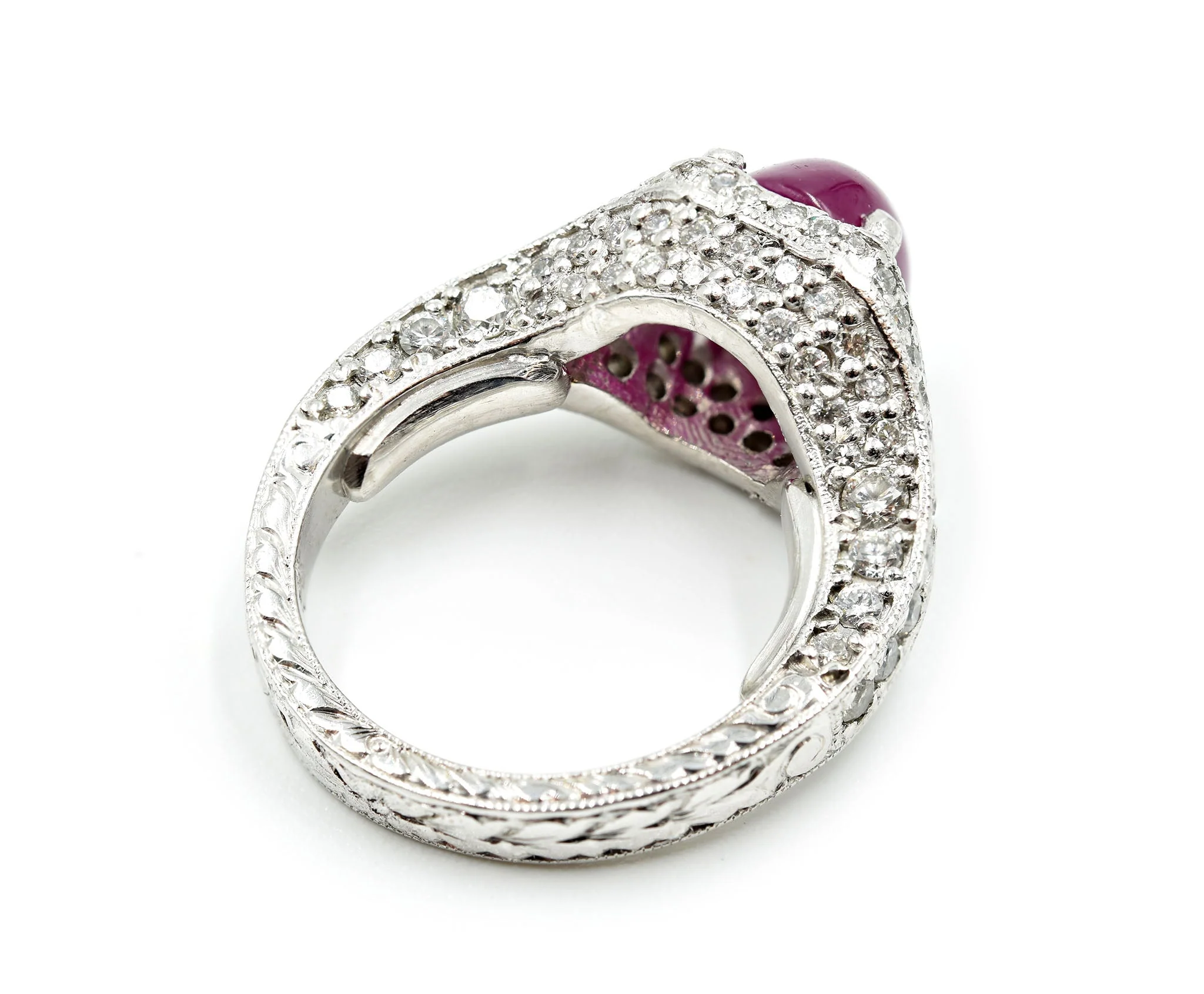 3.00 Carat Cabochon Ruby and Pave Set Diamond Platinum Ring - Image 3