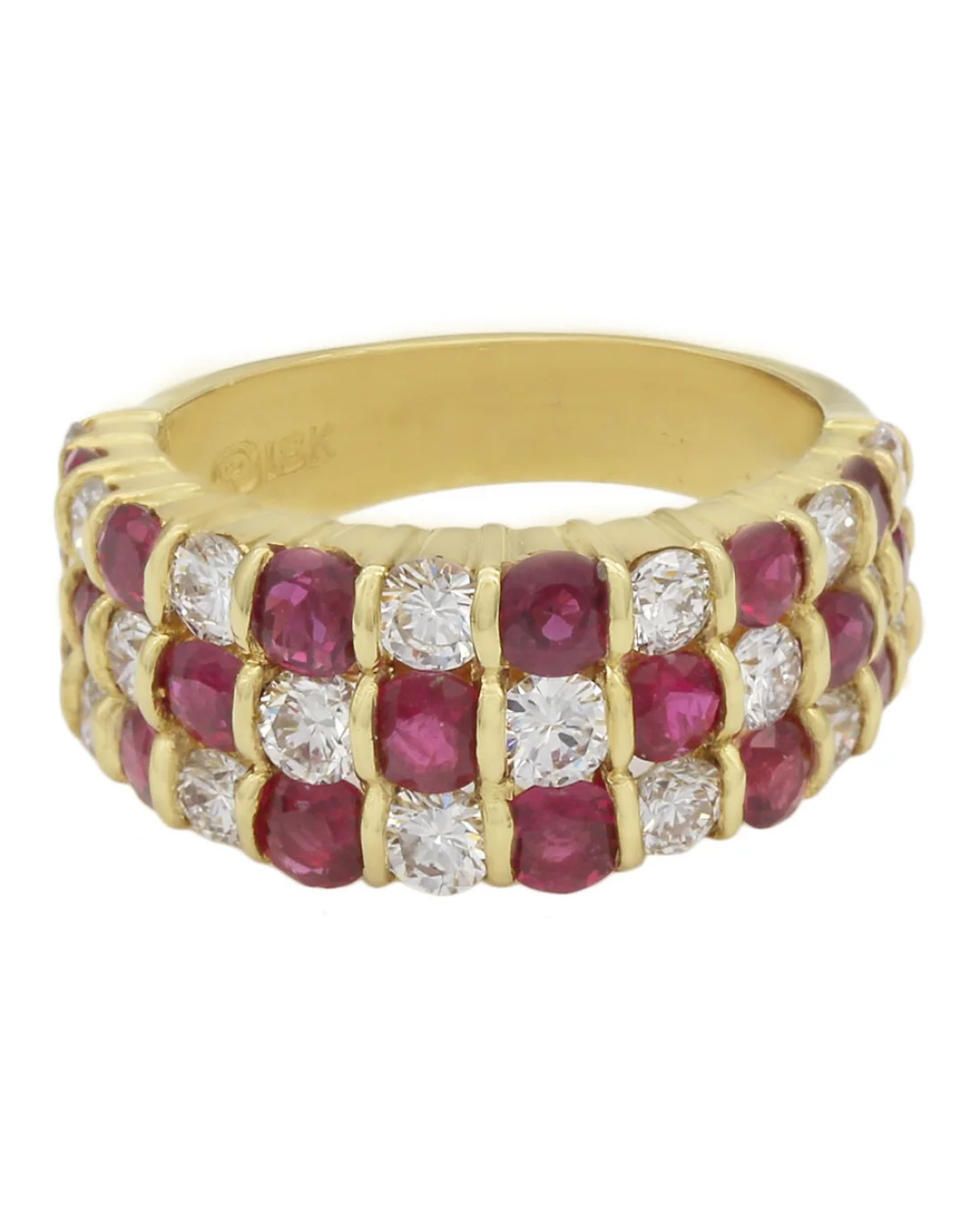 3 Row Alternating Ruby and Diamond Checkered Ring in Yellow Gold - Image 2