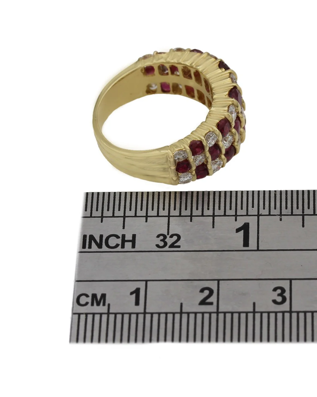 3 Row Alternating Ruby and Diamond Checkered Ring in Yellow Gold - Image 3