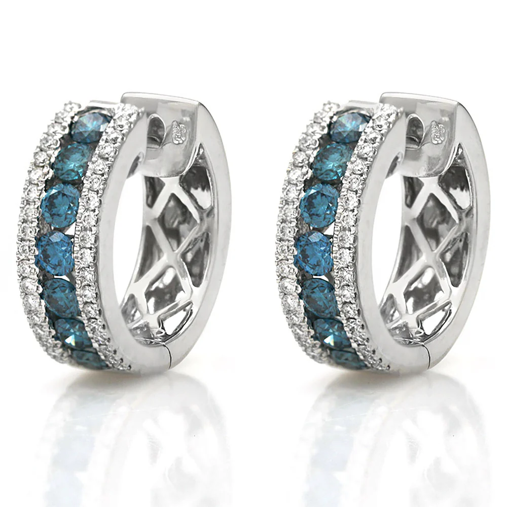 3 Row Blue and White Diamond Huggie Earrings