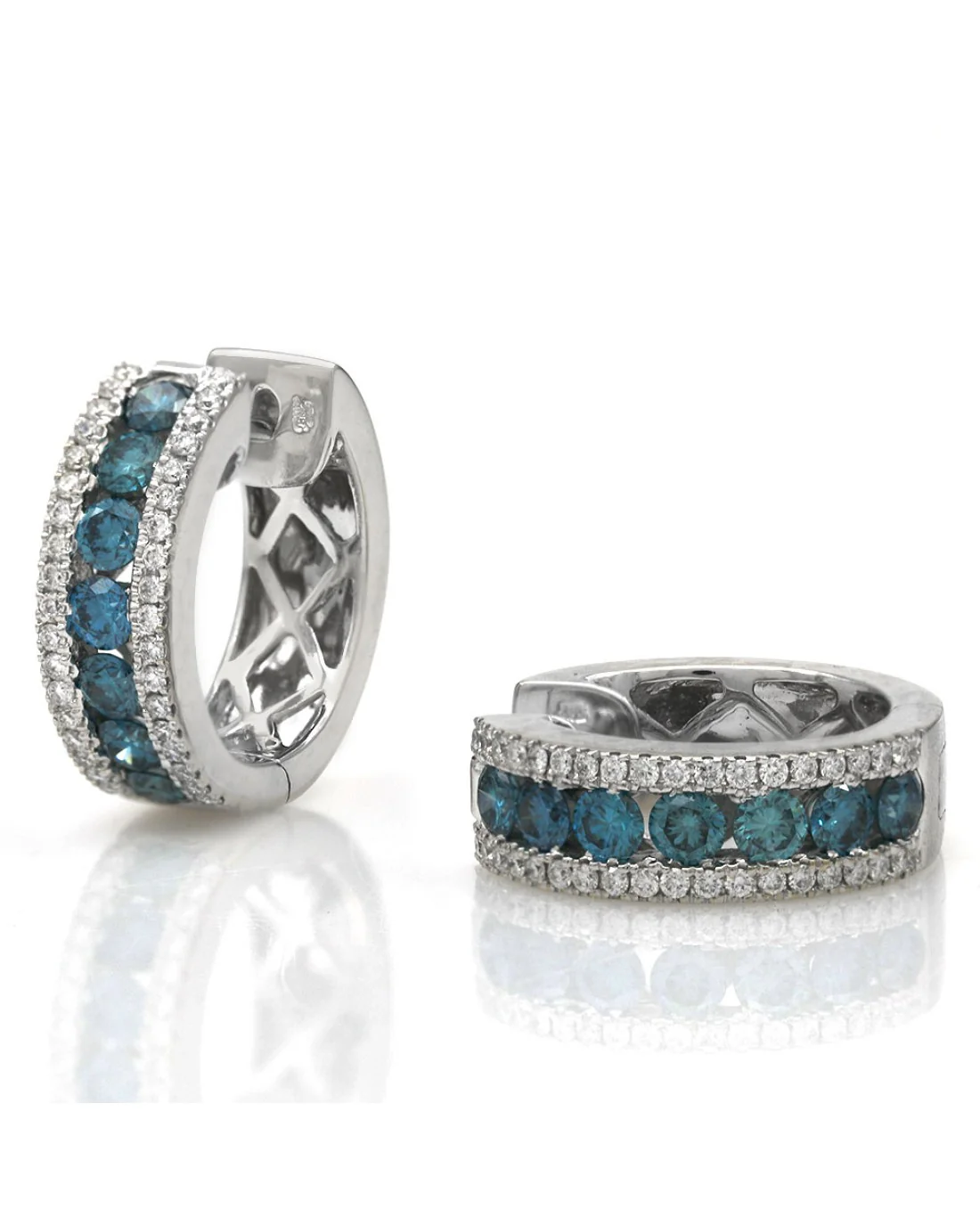 3 Row Blue and White Diamond Huggie Earrings - Image 2