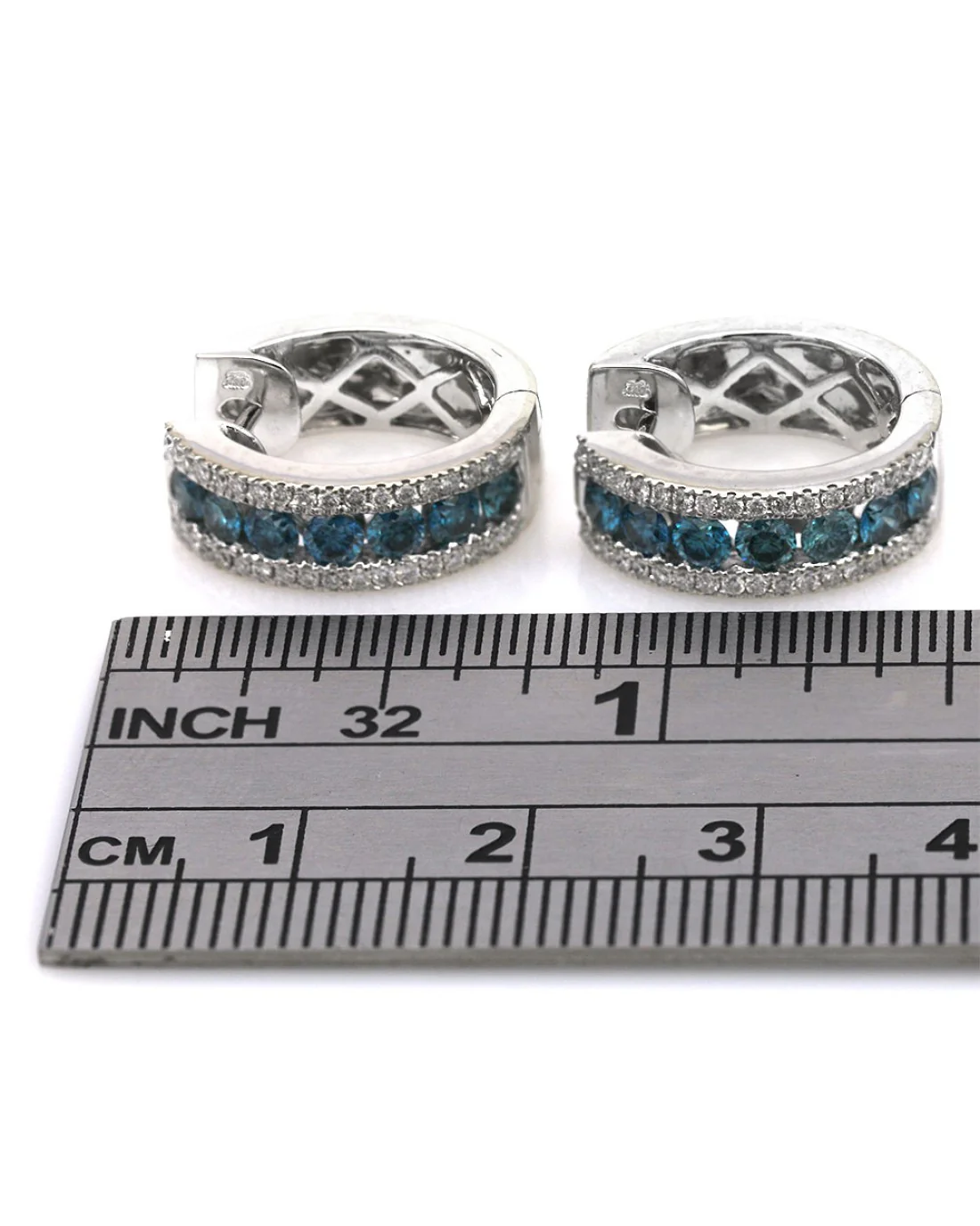 3 Row Blue and White Diamond Huggie Earrings - Image 3