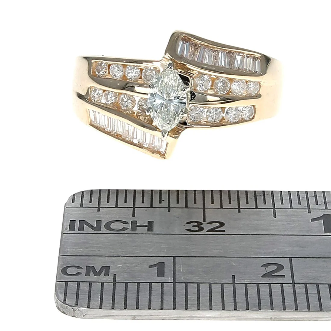 14K Yellow Gold Marquise Round and Baguette Diamond Bypass Ring - Image 3