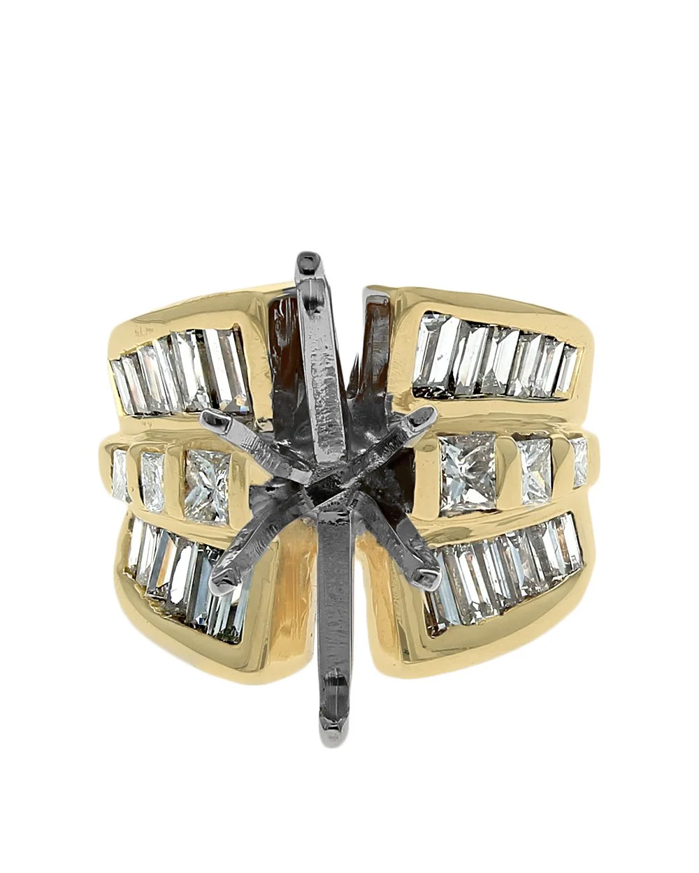 3 Row Princess Cut and Baguette Diamond Mounting in White and Yellow Gold - Image 2