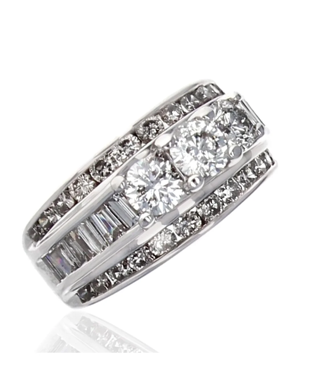 3 Row Round and Baguette Diamond Wedding Ring - Image 2