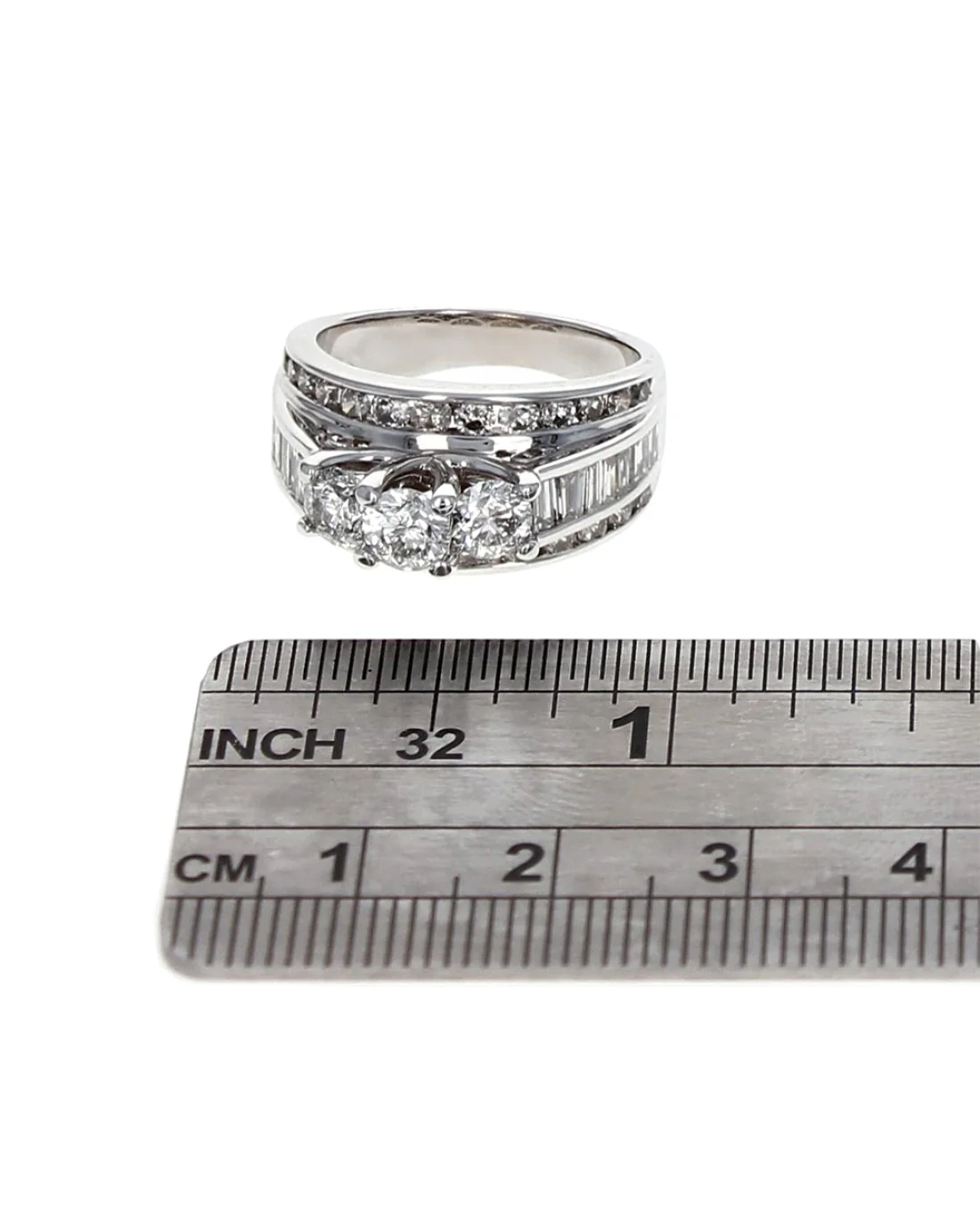 3 Row Round and Baguette Diamond Wedding Ring - Image 3