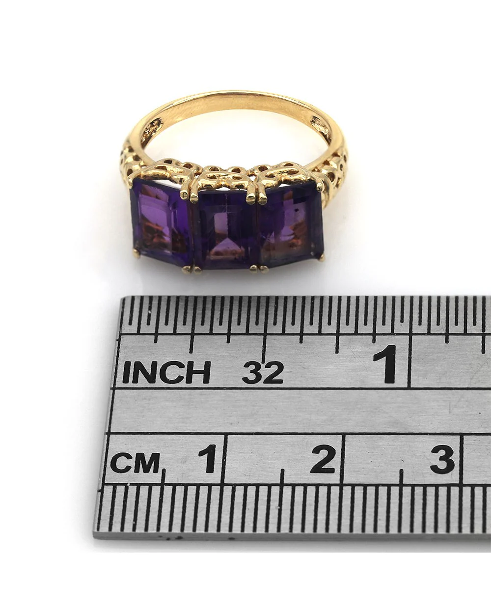 3 Stone Amethyst Ring in Yellow Gold - Image 3
