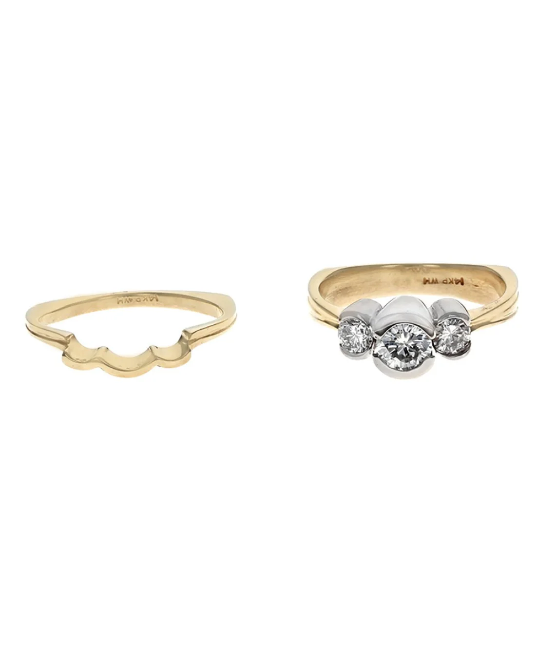3 Stone Diamond Euro Shank Wedding Set in White and Yellow Gold - Image 2