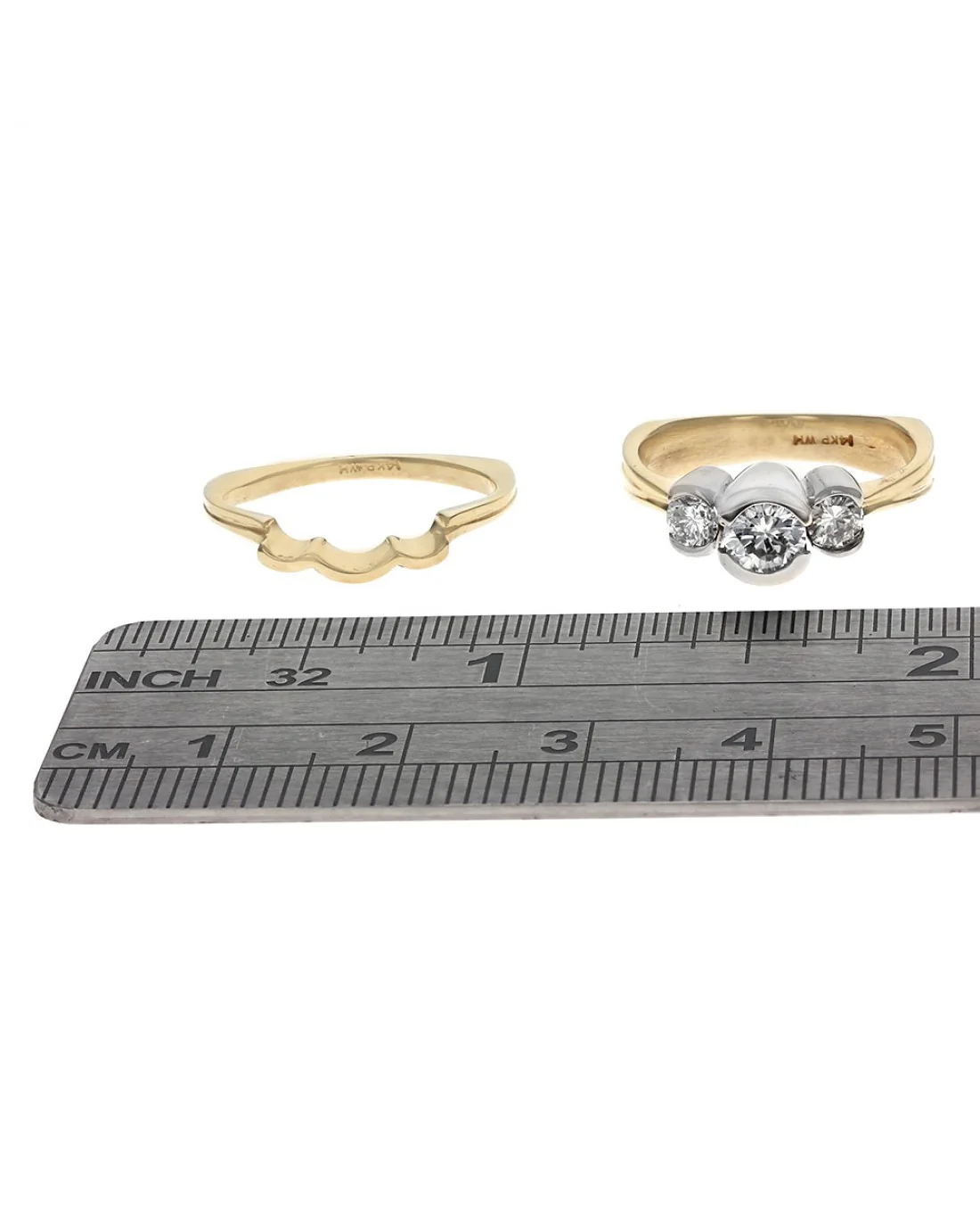 3 Stone Diamond Euro Shank Wedding Set in White and Yellow Gold - Image 3
