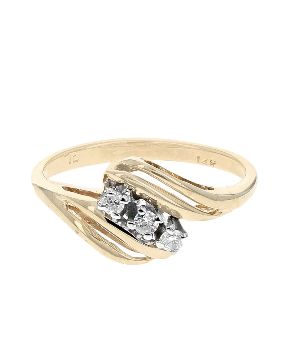 3 Stone Diamond Open Cut Bypass Ring in White and Yellow Gold - Image 2