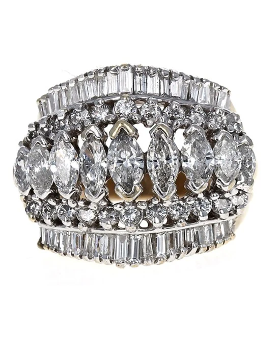 5 Row Marquise, Baguette and Round Diamond Rooftop Ring - Image 2