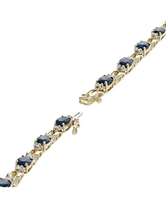 Alternating Blue Sapphire and Diamond Accent Rectangular Link Inline Bracelet - Image 2