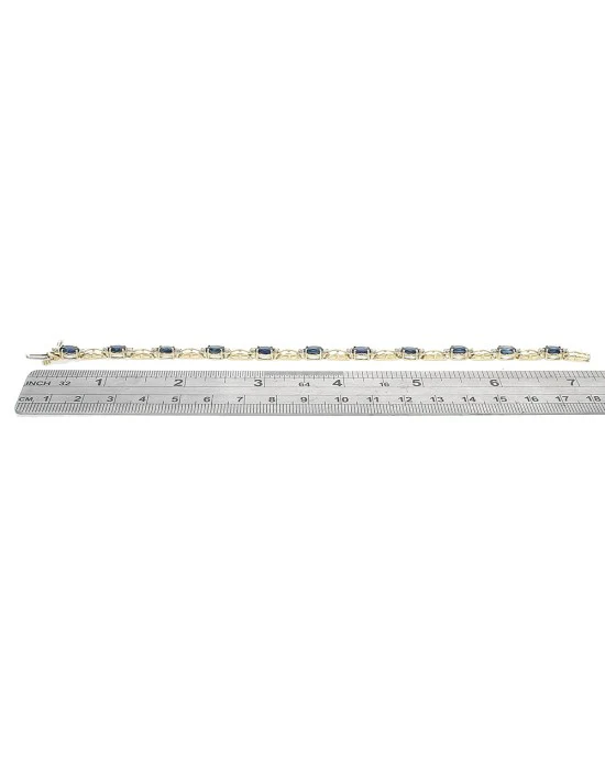 Alternating Blue Sapphire and Diamond Accent Rectangular Link Inline Bracelet - Image 3
