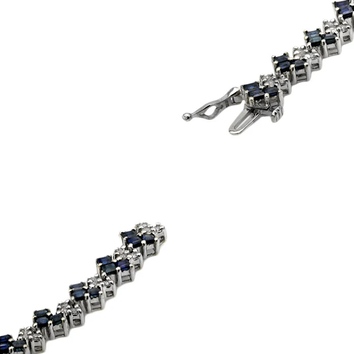 Alternating Blue Sapphire and Diamond Chevron Link Inline Bracelet in White Gold - Image 2