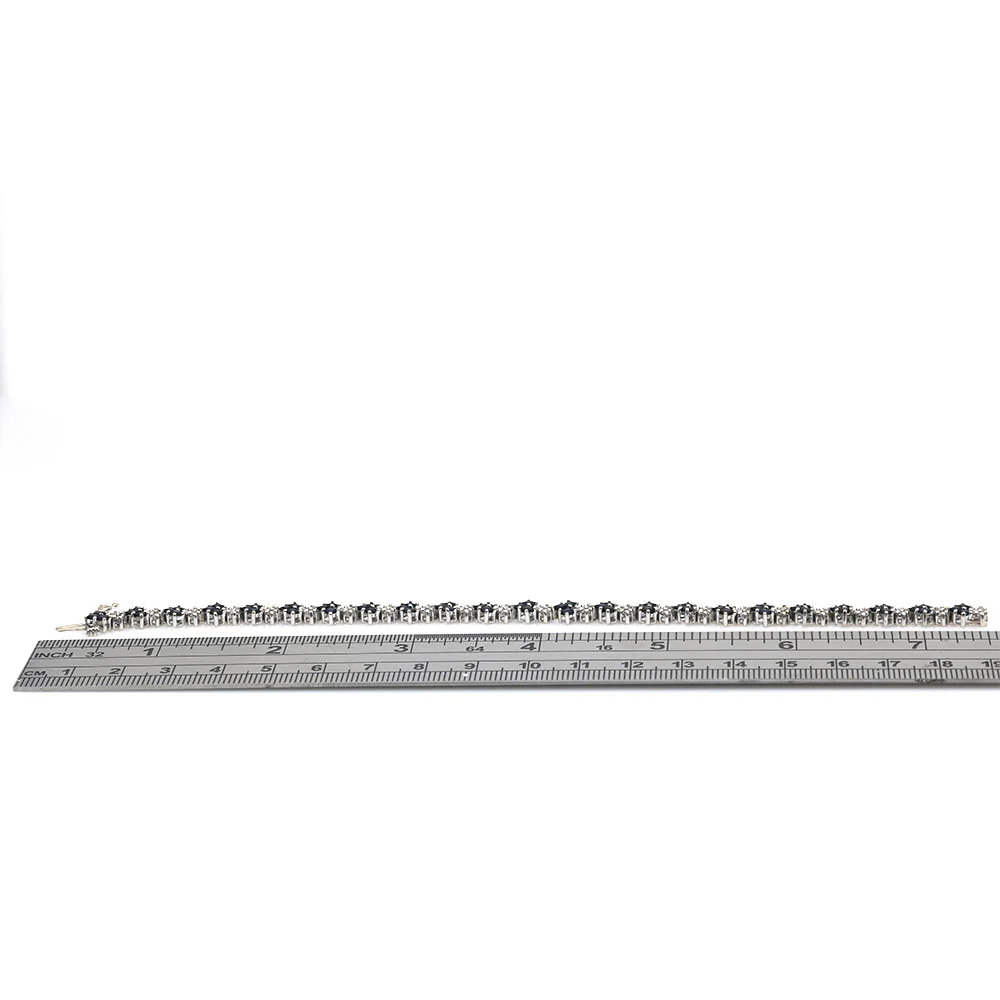 Alternating Blue Sapphire and Diamond Chevron Link Inline Bracelet in White Gold - Image 3