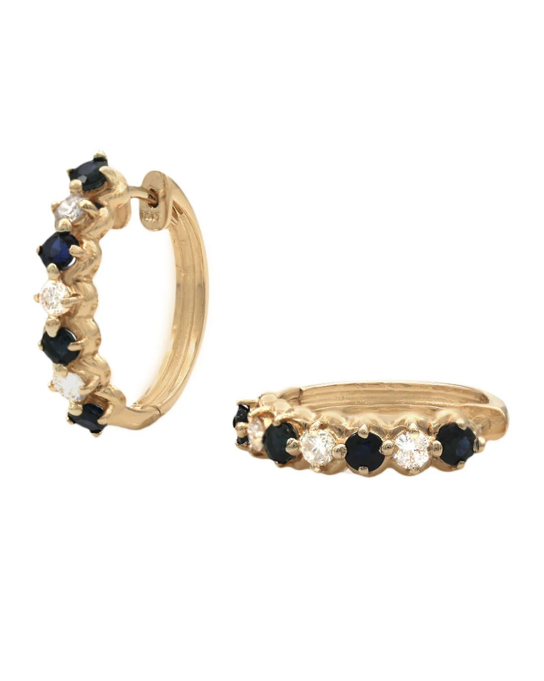 Alternating Blue Sapphire and Diamond Hoop Earrings - Image 2