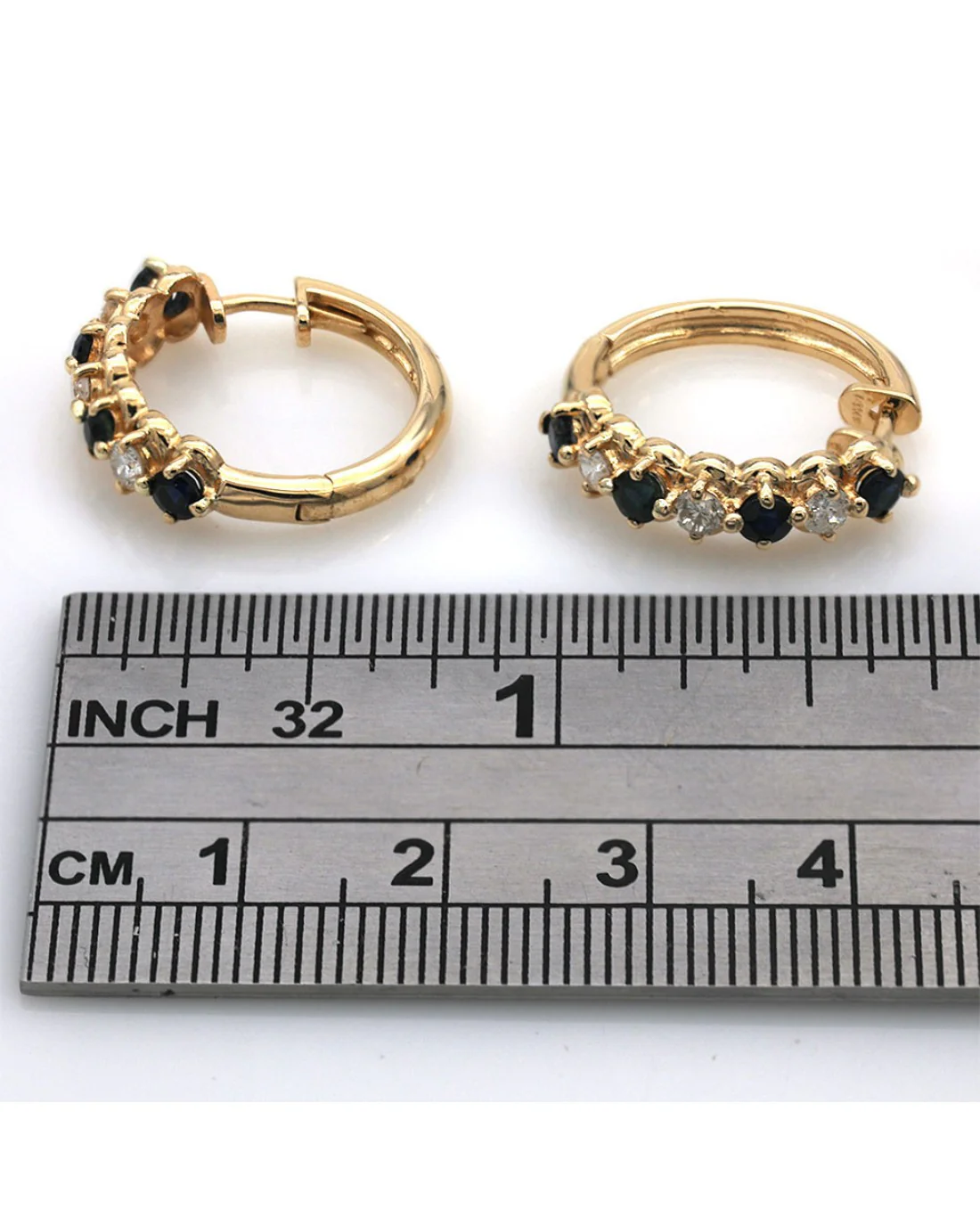 Alternating Blue Sapphire and Diamond Hoop Earrings - Image 3