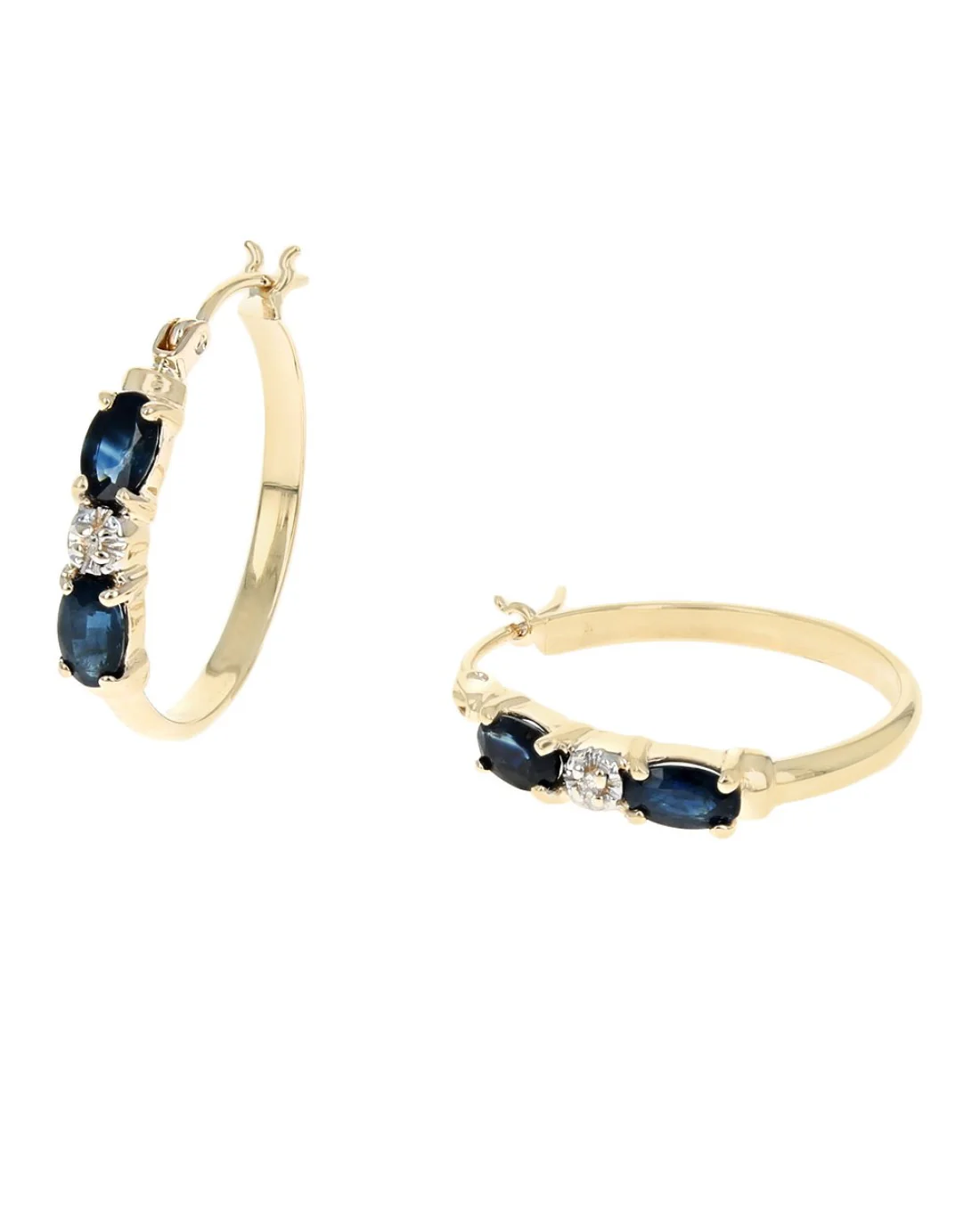 Alternating Blue Sapphire and Diamond Hoop Earrings in Yellow Gold - Image 2