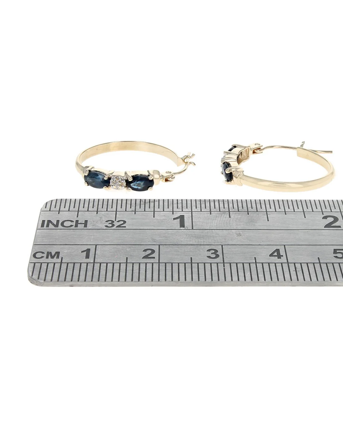 Alternating Blue Sapphire and Diamond Hoop Earrings in Yellow Gold - Image 3