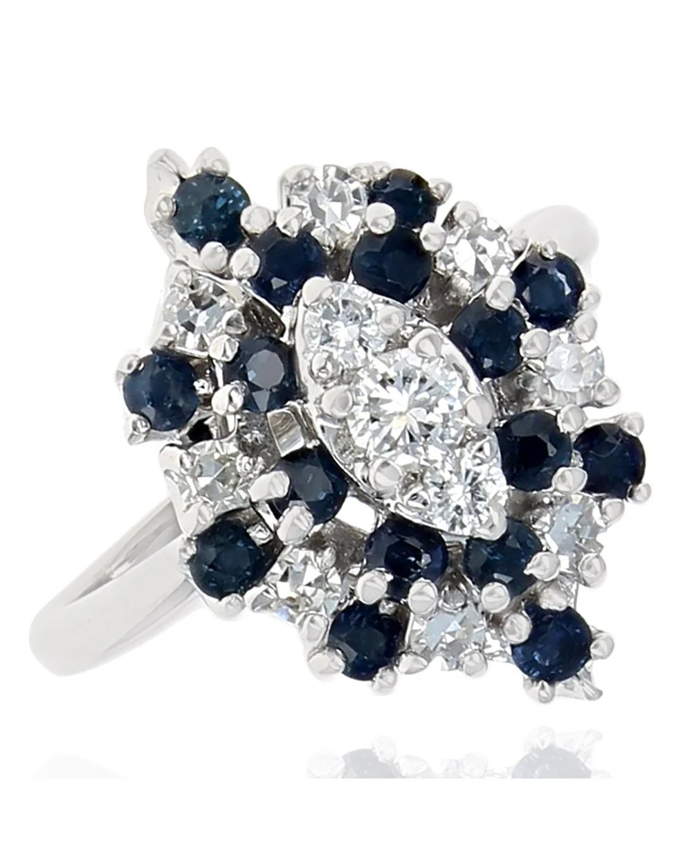 Alternating Diamond and Blue Sapphire Marquise Shaped Halo Ring in White Gold