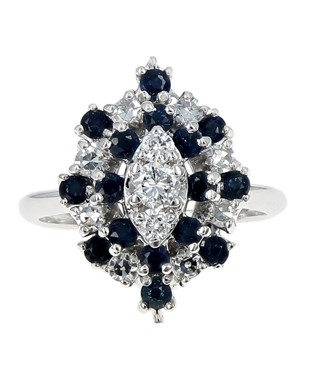 Alternating Diamond and Blue Sapphire Marquise Shaped Halo Ring in White Gold - Image 2