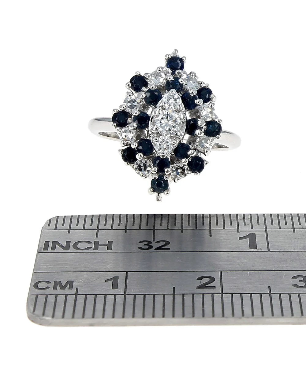 Alternating Diamond and Blue Sapphire Marquise Shaped Halo Ring in White Gold - Image 3