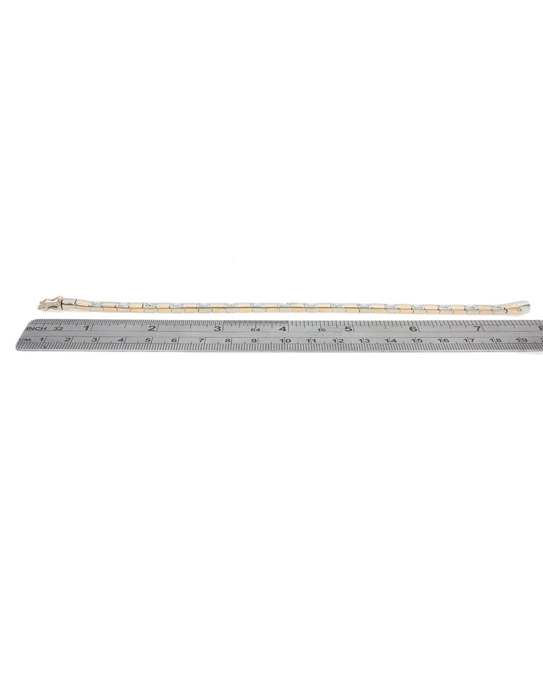 Alternating Diamond and Square Link Inline Bracelet in White and Yellow Gold - Image 3