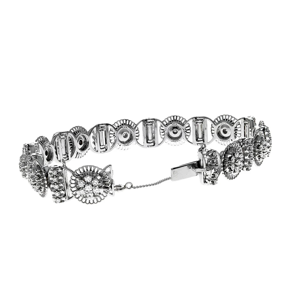 Alternating Diamond Frilled Halo and Diamond Bar Bracelet in White Gold - Image 2