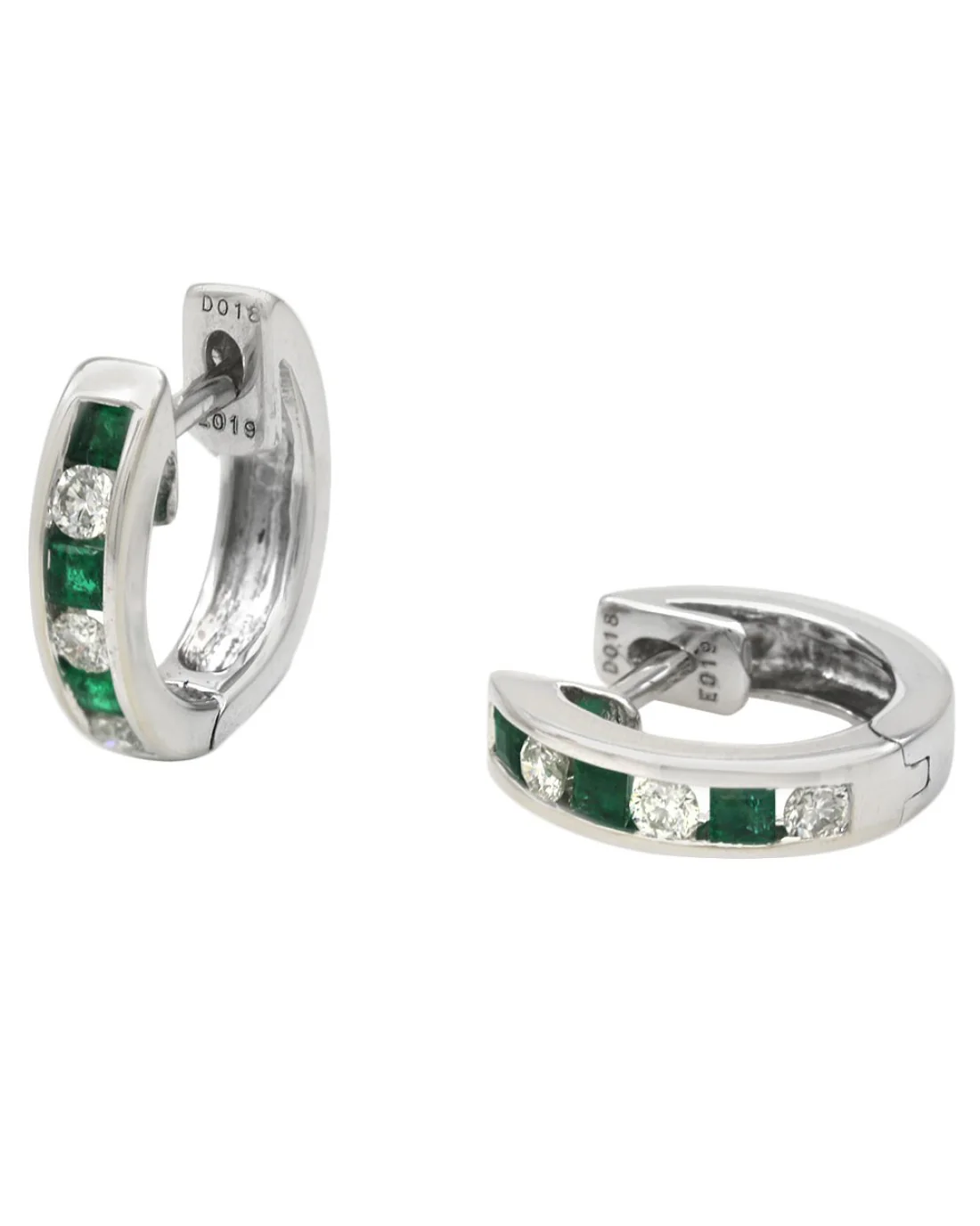 Alternating Emerald and Diamond Mini Hoop Earrings in White Gold - Image 2
