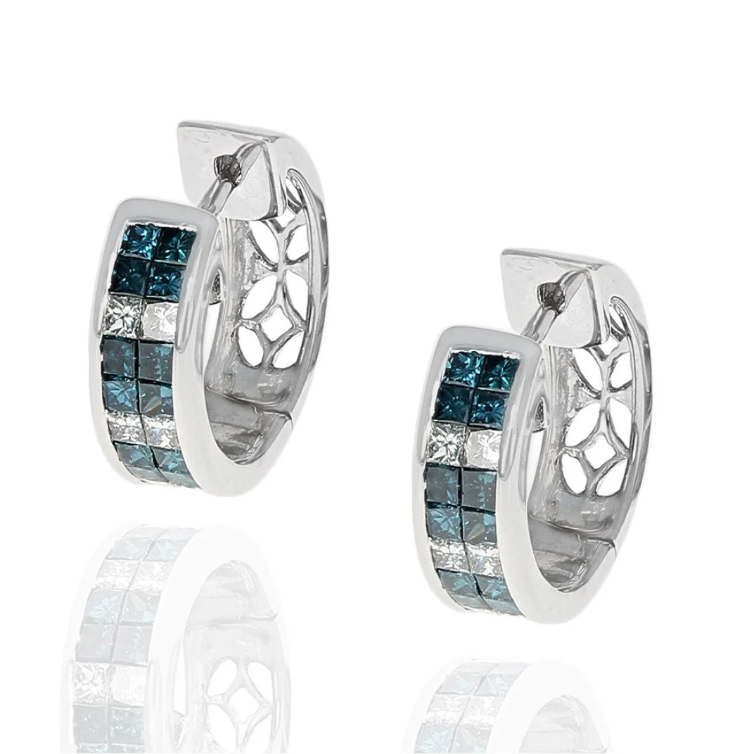 14K White Gold Irradiated Blue & White Princess-Cut Diamond Huggies