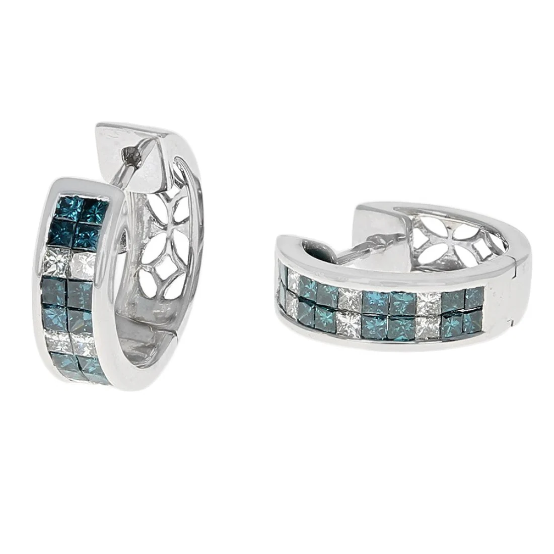 14K White Gold Irradiated Blue & White Princess-Cut Diamond Huggies - Image 2